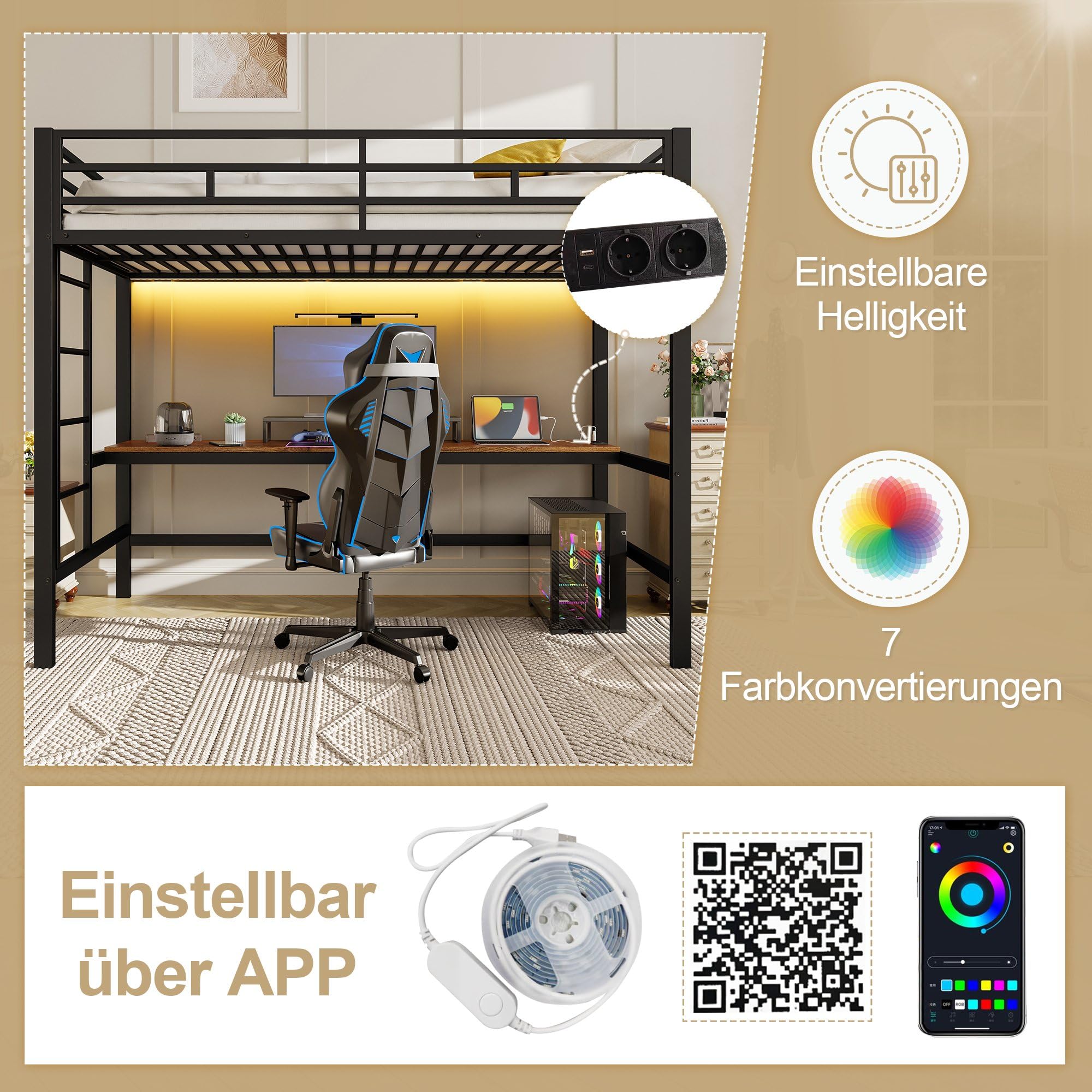 Letto a soppalco 90x200 cm con ringhiera scaletta tavolo con USB e presa striscia luminosa a filo bed singolo per adulti in metallo letti per ospiti Nero