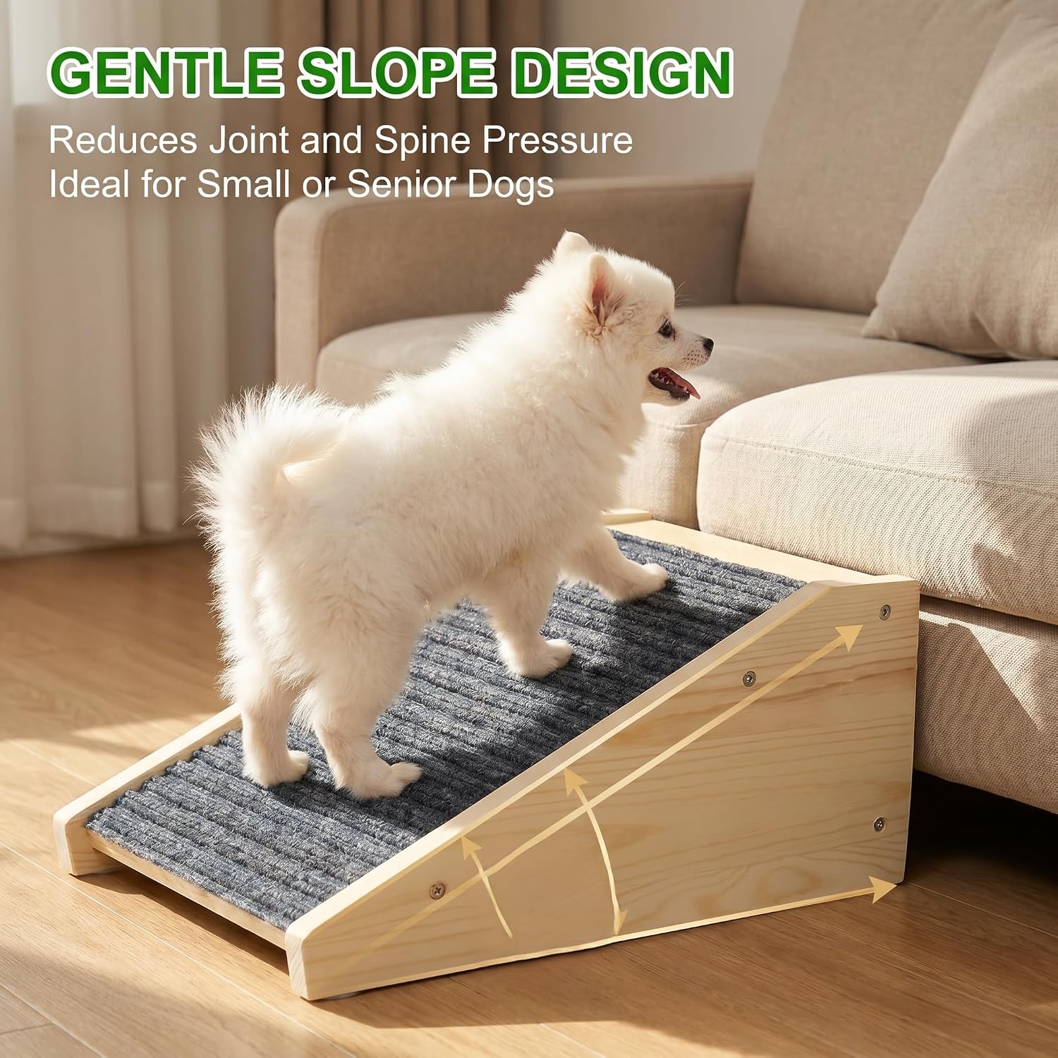 Solid Wood Pet Ramp, Non Slip Carpet Dog Ramp for Small Senior Dogs & Cats, Gentle Slope Pet Stair Ramp for Bed, Couch & Indoor Wooden Stairs