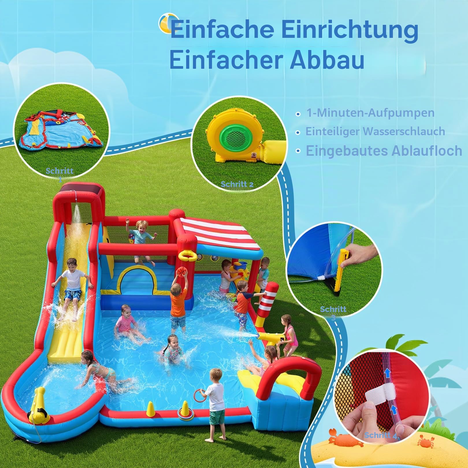 Aufblasbare Wasserrutsche 15‑in‑1 Hüpfburg Wasserpark mit Langer Rutsche & großem Pool, Snack‑Stand mit Sonnendach, Mini‑Rutsche, Sprühnebel & Wasserkanonen für Kinder, Garten Outdoor Party Geschenk