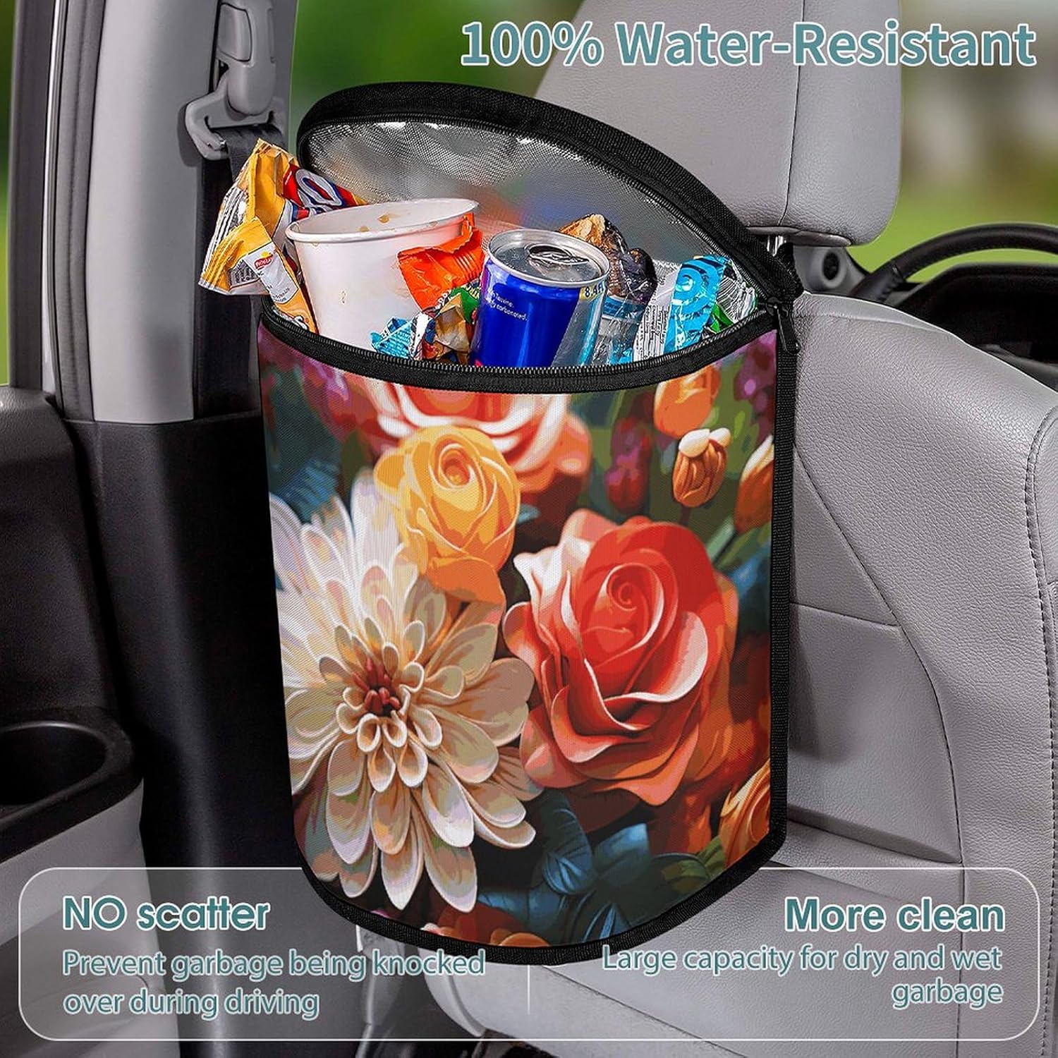 Hanging Car Trash Bag Color Flowers Printed Car Garbage Storage Bag Leakproof Car Trash Can Portable Garbage Storage Bags