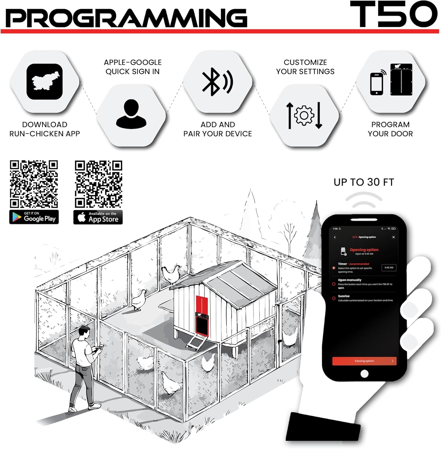 Run-Chicken Door T50 – Automatic Chicken Coop Door Opener, Battery Powered & Weatherproof Aluminum, Smart App & Timer Control, Predator Proof, Easy Install, Reliable All-Season Performance (Red)