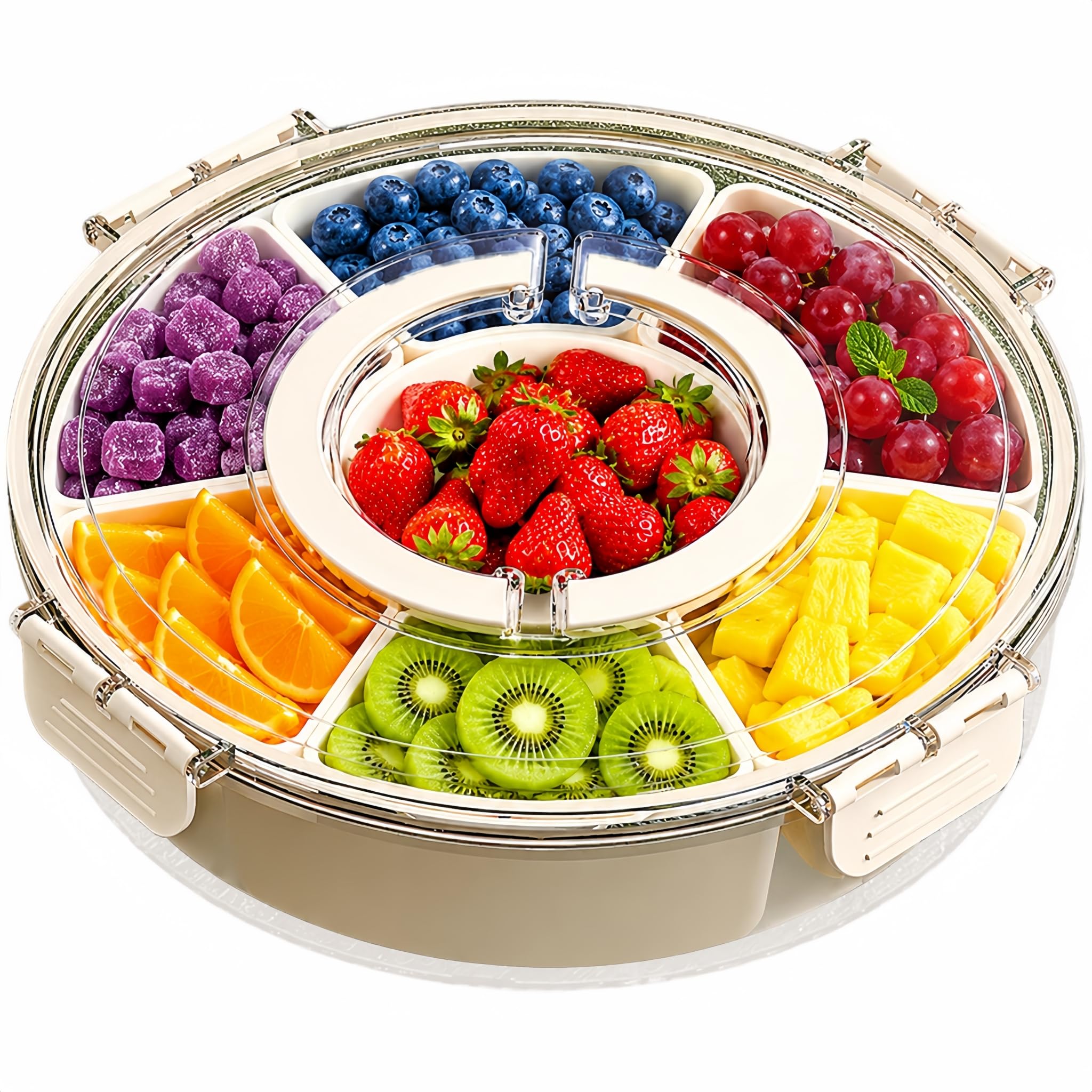 Snackle Box with Lid and Handle, Multi-Compartment Divided Serving Tray Snack Box, Portable Airtight Food Storage Container for Plane, Travel & Picnics, Party Organiser for Fruit, Sweets (Round A) — image 1