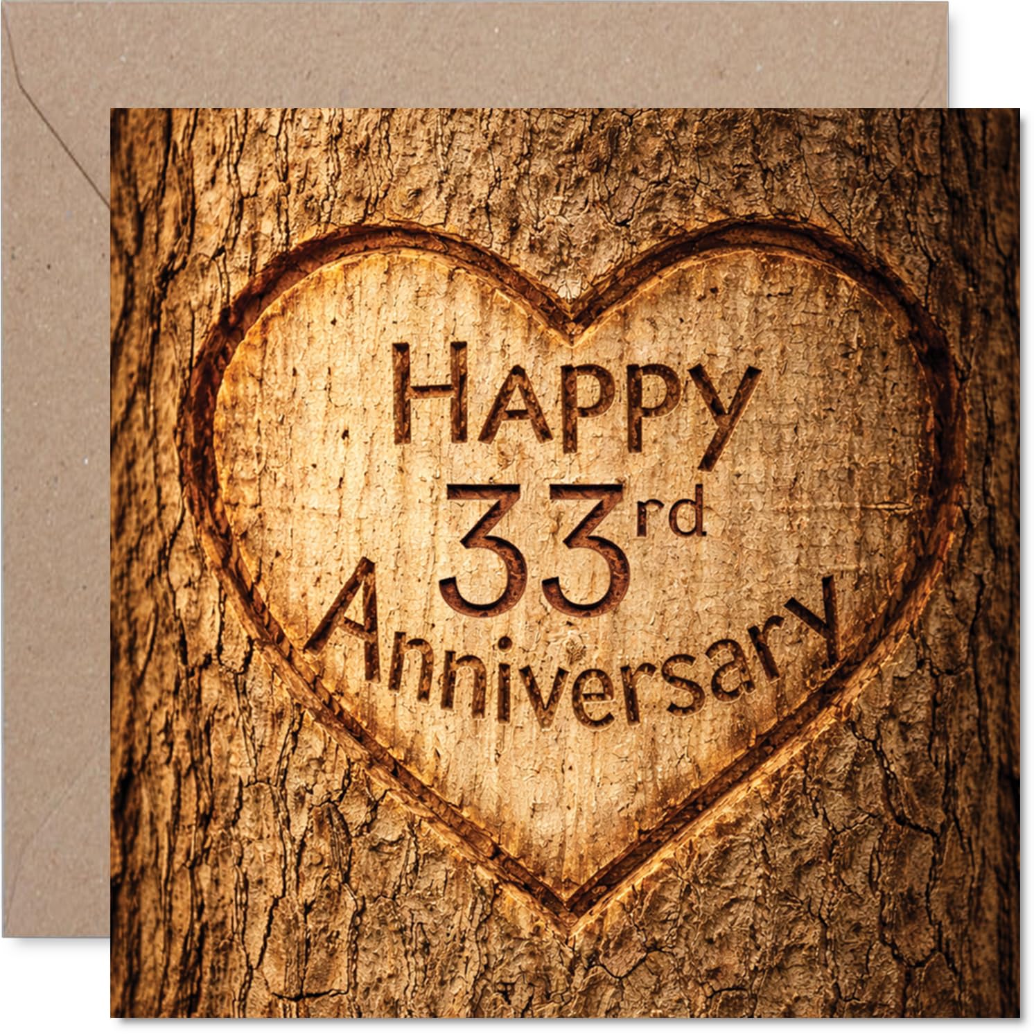 Heartfelt 33rd Anniversary Card - Rustic Charm Meets Romance - Wooden Heart Motif for a 33rd Celebration - 145mm Square, Envelope Included