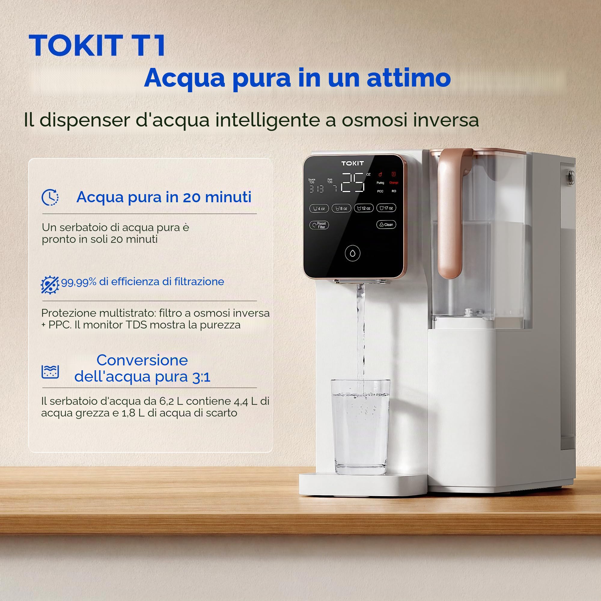 TOKIT T1 Sistema di Osmosi Inversa | Purificatore d'Acqua da Banco con Schermo Touch e Monitoraggio TDS | Filtrazione 9 Stadi ad Alta Precisione | Rapporto Purezza 3:1 | Certificato CE & EMC