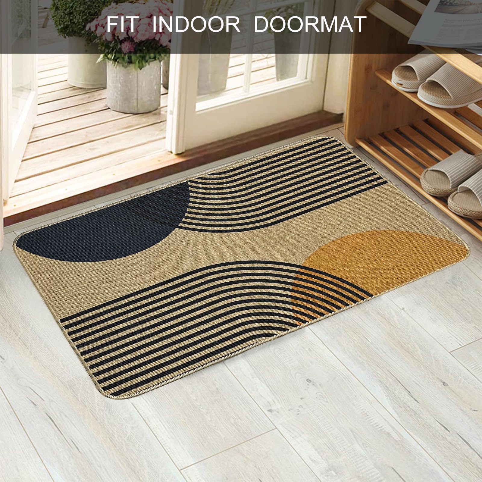 Boho Door Mat Indoor/Outdoor - Non-Slip Rubber Back, Sun Design, 17x30 Inch, Low Profile Entryway Rug