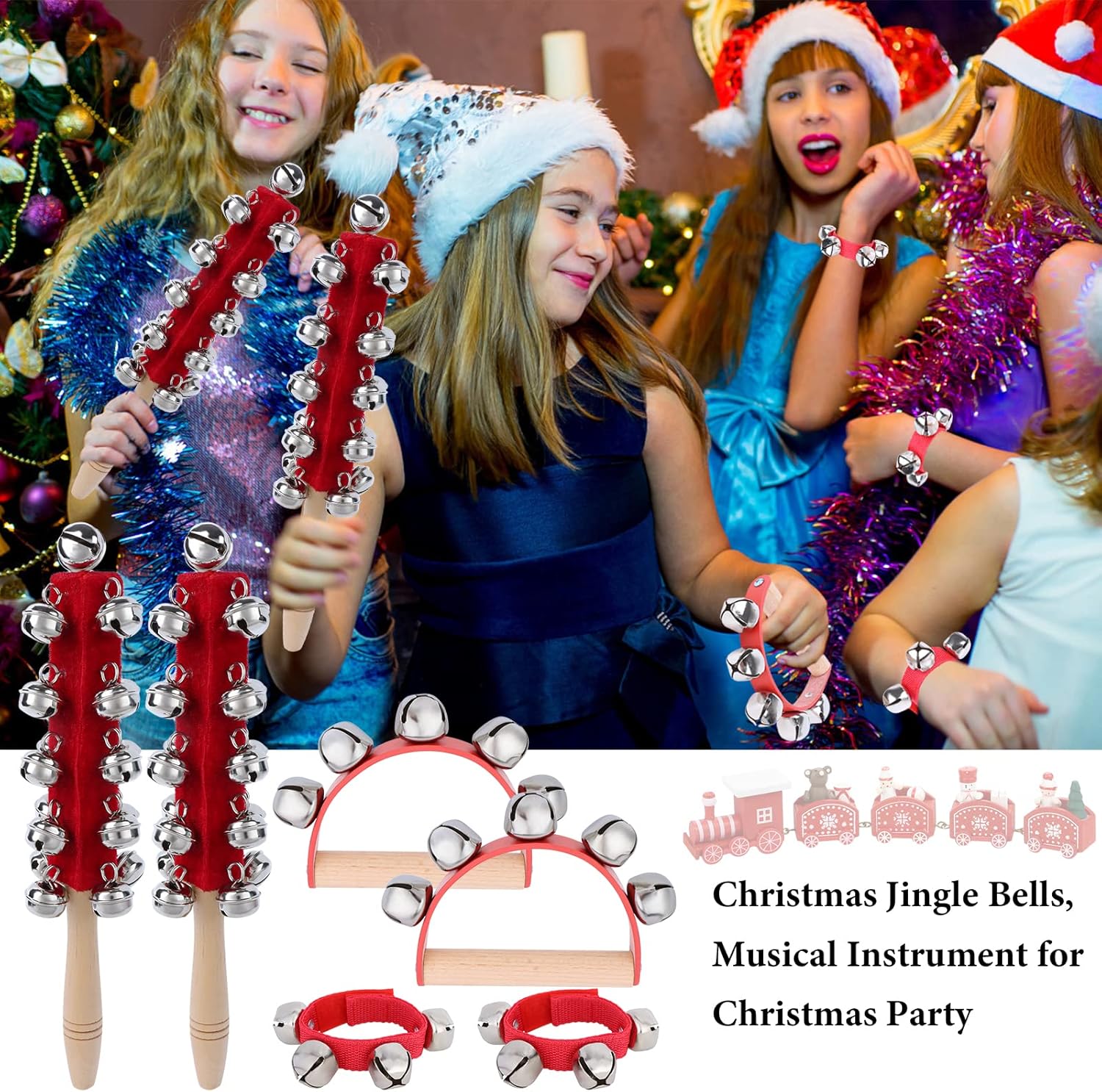 6 PCS Christmas Handle Jingle Bells Wooden Handheld Sleigh Bells Wrist Band Jingle Bells Tambourine Handbell Jingle Shaker Bells with Wooden Grip for Handheld Bells Music Enlightenment (3 Styles) -