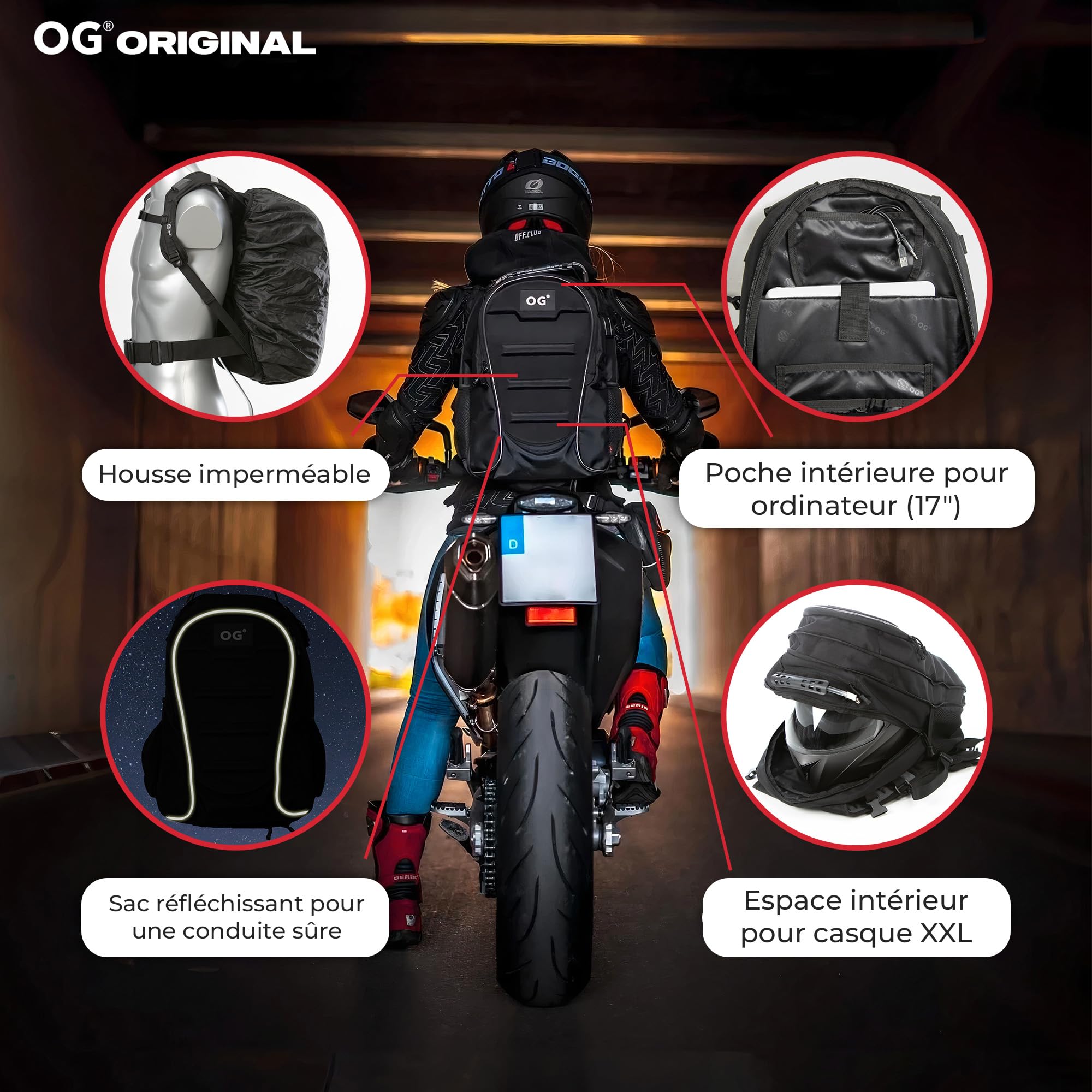 OG Original CityRunner Sac à Dos Moto, Étanche, Extensible 30-35L, Sac Porte-Casques Motard, Sangle Pour Casque, Grande Capacité, Portable, Réfléchissant, USB