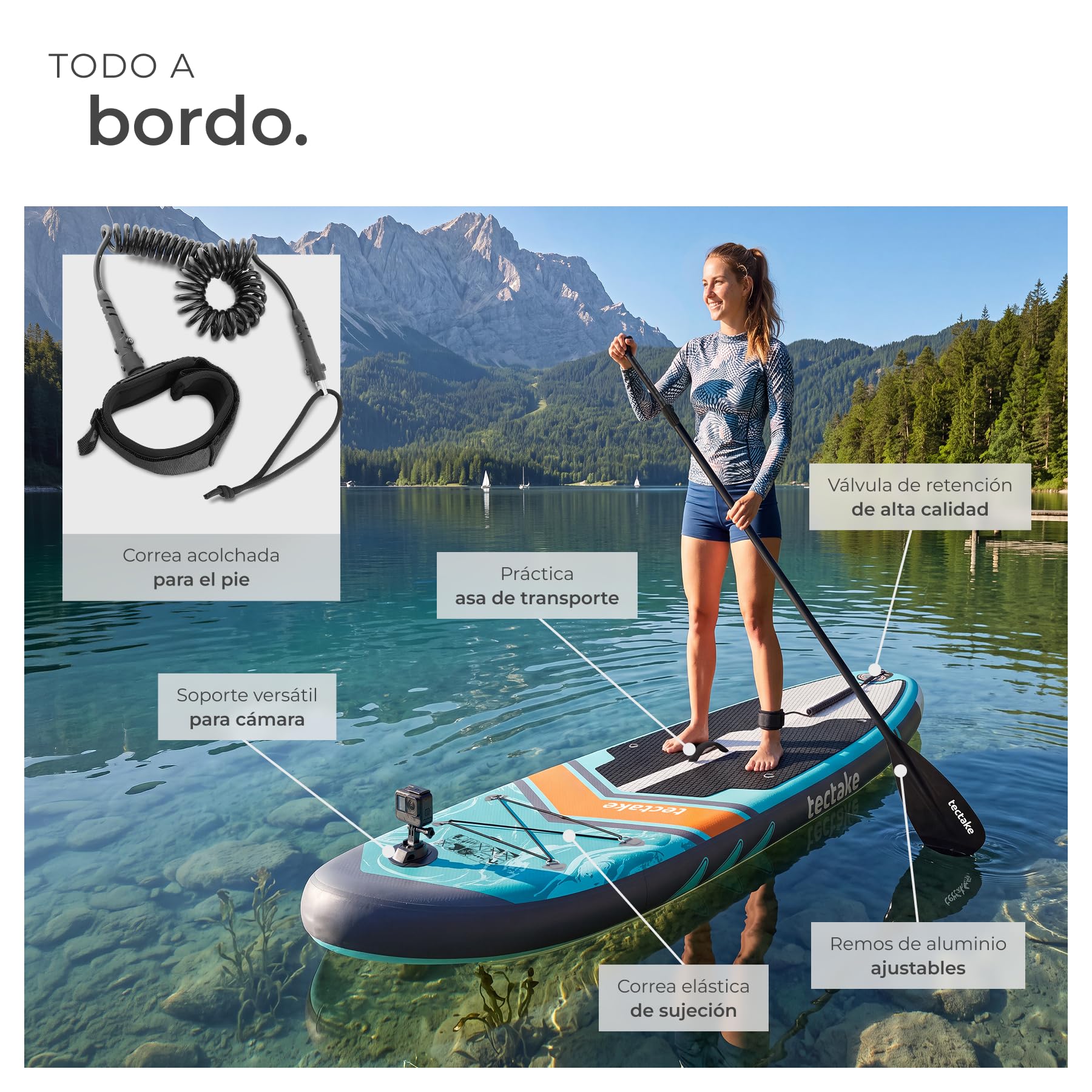 tectake® Tabla Sup Hinchable, Soporte Cámara, 200 kg, Antideslizante | Asiento de Kayak, hasta 200 kg, Antideslizante, 288 cm, Material Drop-Stitch, Raqueta Doble Ajustable, SUP, Turquesa/Naranja