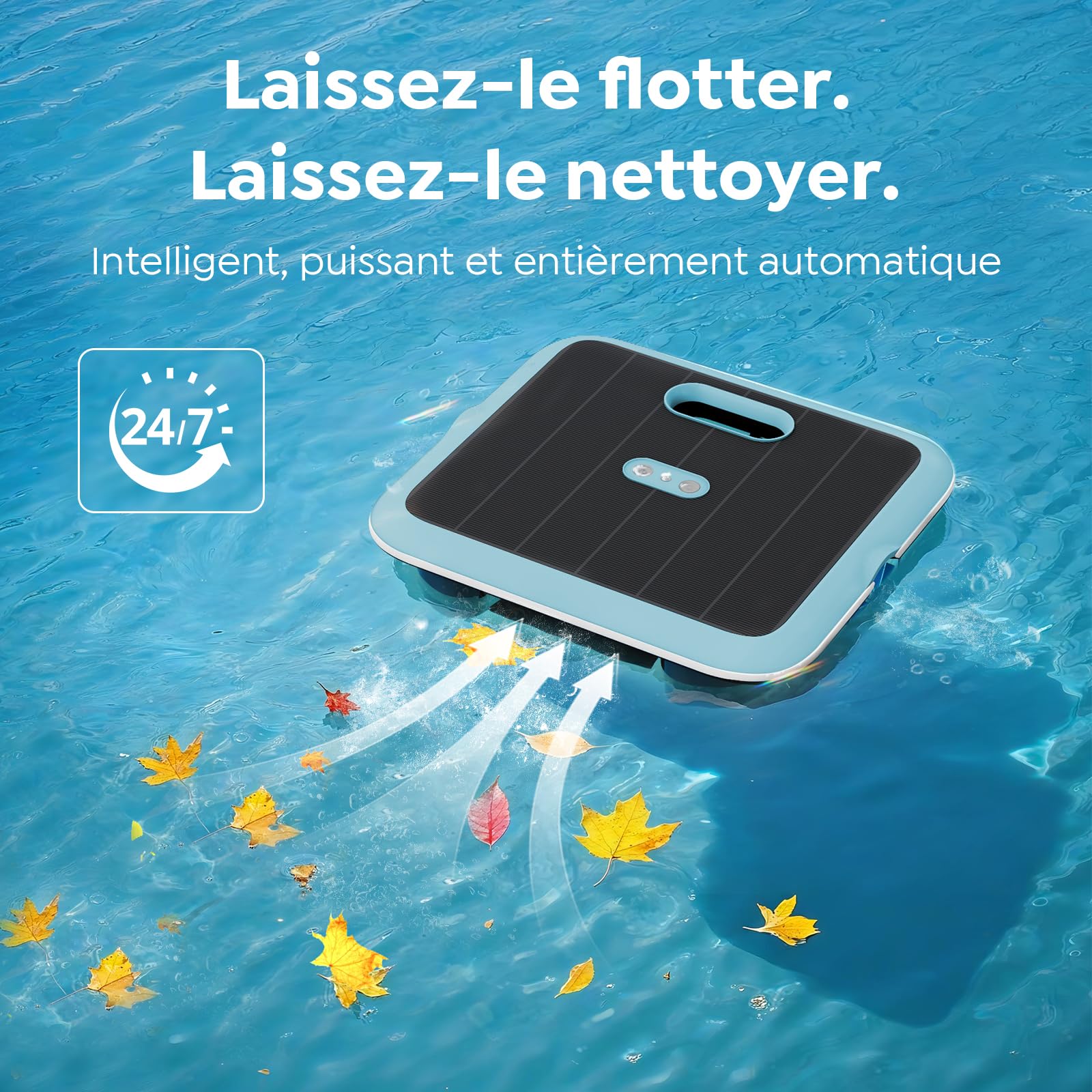 Générique (Upgrade 2026) Pleco SK02 Robot Piscine Skimmer Surface Solaire, Robot Surface Piscine sans Fil, Contrôle App, Sonde de Température, Skimmer Piscine Hors Sol Automatique 24/7, Gris Bleu
