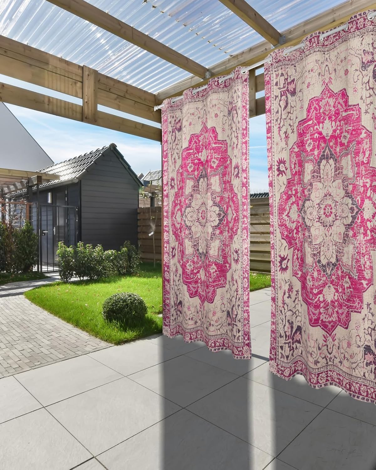 Pink Bohemian Outdoor Curtains for Patio Waterproof, Grommet Privacy Curtain Drapes Weatherproof Outside Curtains for Porch GazeboPergola Cabana 2 Panel 54x84inch Medallion Floral Geometric Printed