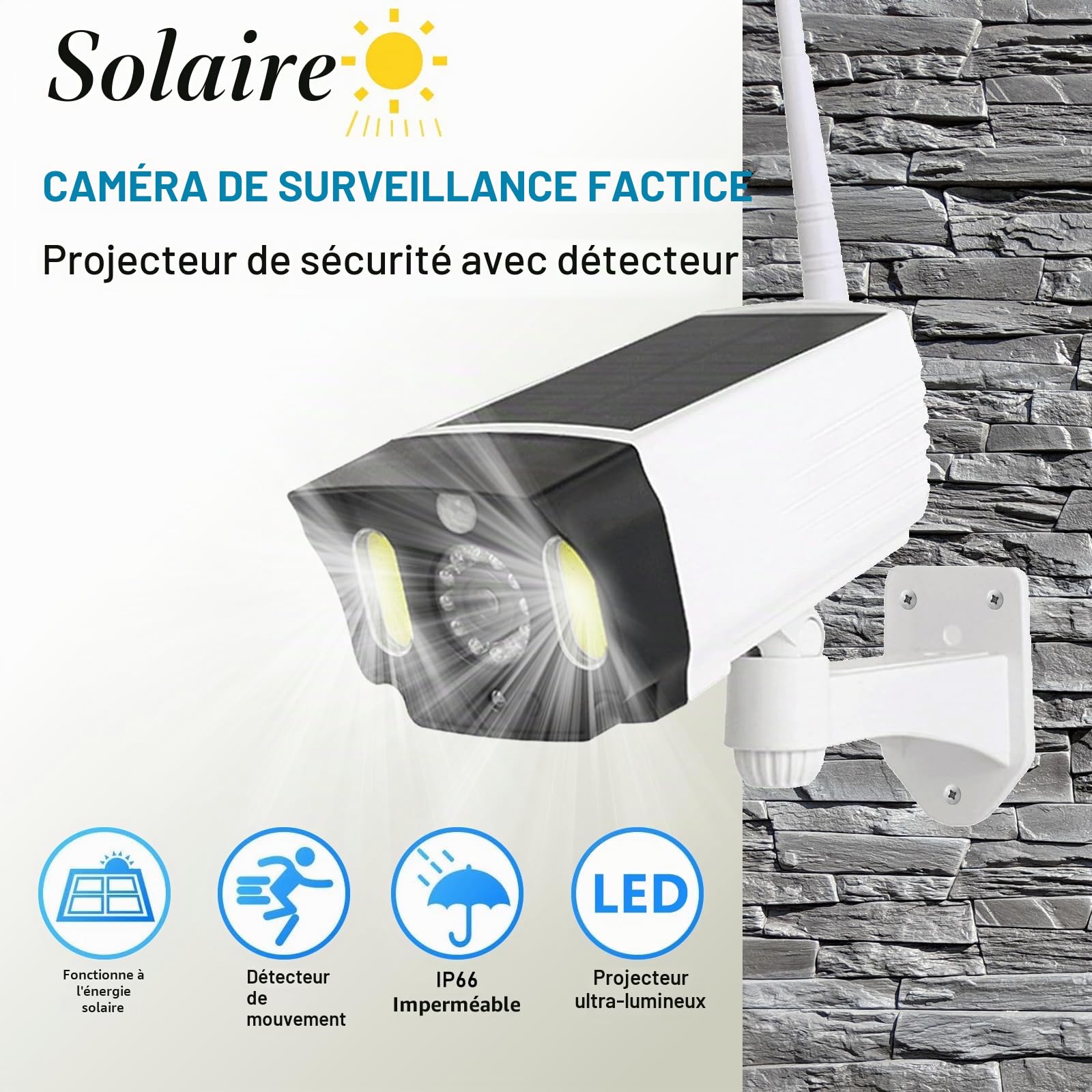 Justop - Caméra de vidéosurveillance factice, alimentée par panneau solaire, avec projecteurs de sécurité LED et détecteur de mouvement PIR, étanche pour usage extérieur - Blanc