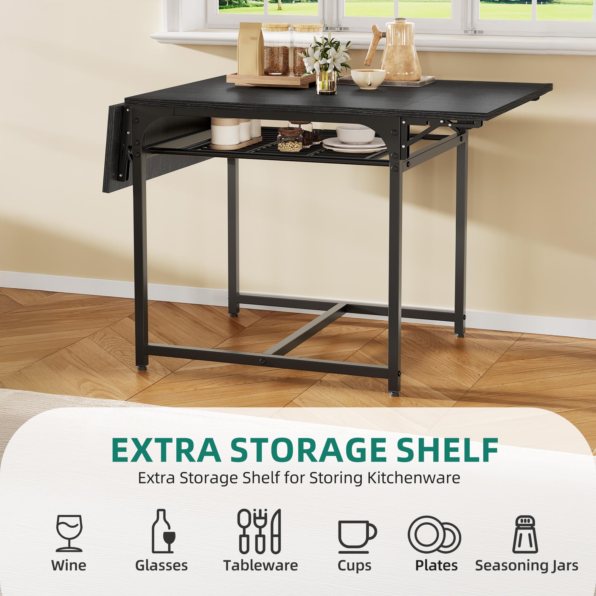 YITAHOME klappbarer Esstisch, ausdehnbarer Drop Blatttisch mit Aufbewahrungshalter und 4 verstellbaren Beinen, Sitzplätze für 2-6 Personen, 120 x 78 x 75cm, schwarz