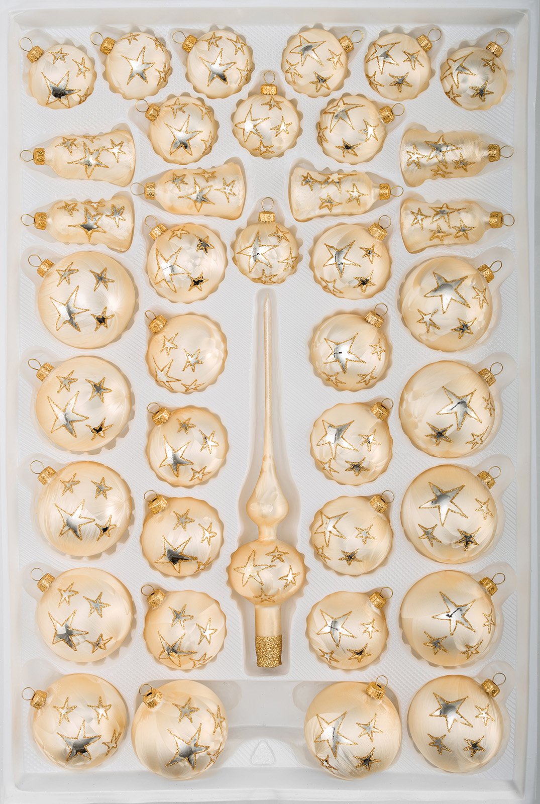 39 TLG. Glas-Weihnachtskugeln Set in Ice Champanger Gold Goldener Stern - Christbaumkugeln - Weihnachtsschmuck-Christbaumschmuck