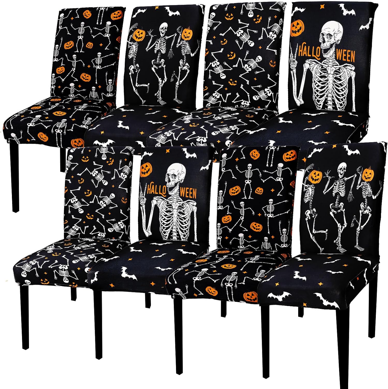 JarThenaAMCS 8Pcs Halloween Chair Slipcovers Dancing Skeleton Pumpkin Bat Dining Stretch Chair Slipcover Black Removable Seat Cover for Home Kitchen Hotel Restaurant Decor