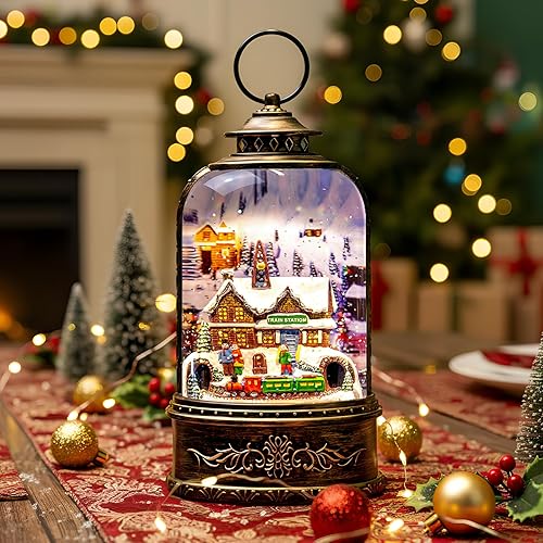 Miniatura 7 de Linterna de globo de nieve iluminada, estación de tren musical de aldea navideña, decoración de remolino con purpurina para el hogar de Navidad,