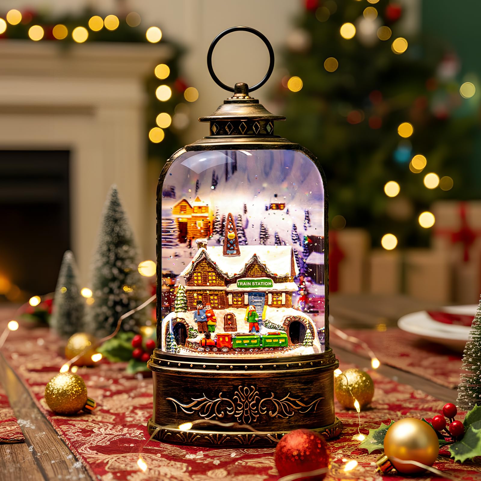 Lanterne boule à neige lumineuse en forme de gare de train musicale - Décoration tourbillonnante à paillettes pour Noël, maison, salon, fonctionne avec piles ou USB