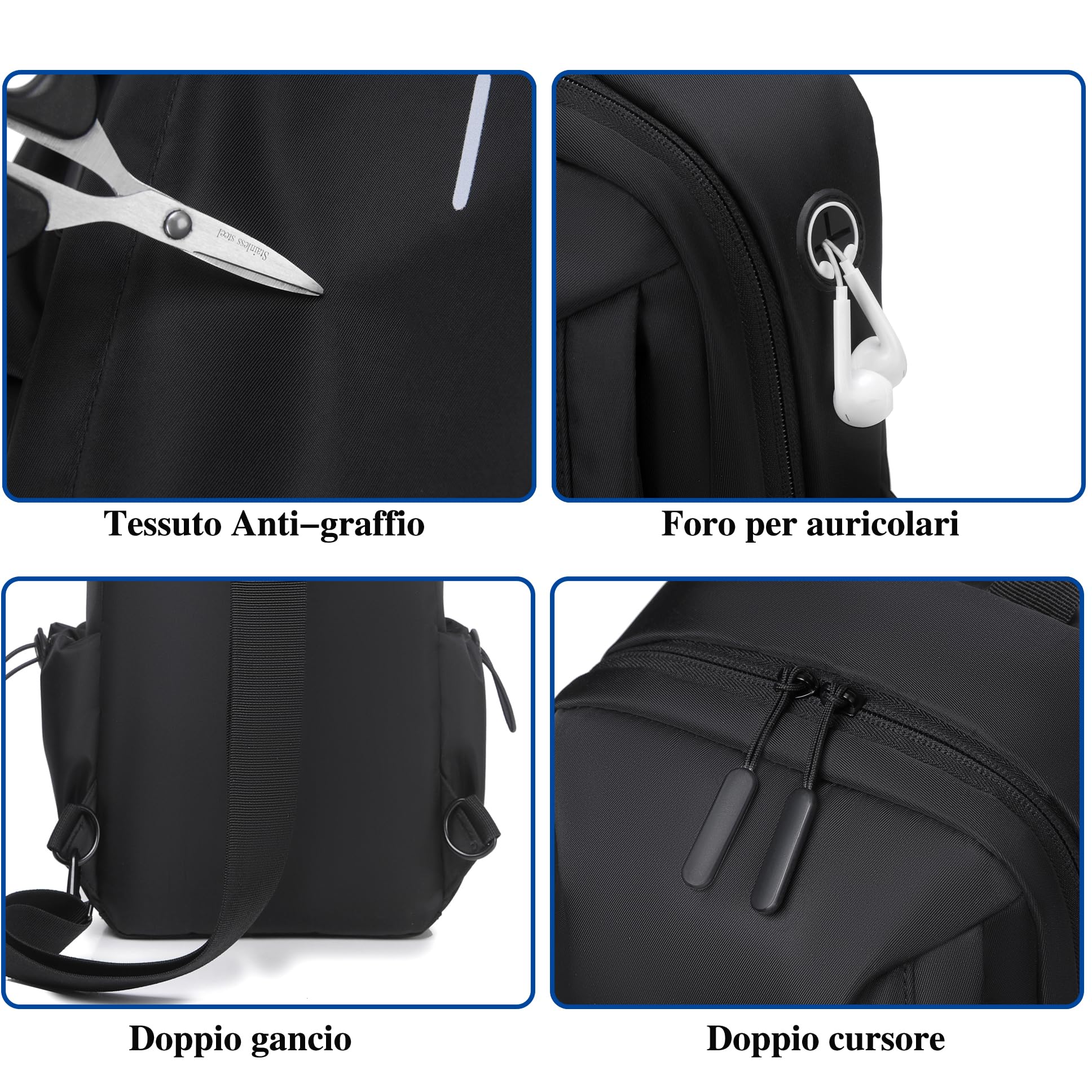 Mixroom - Zainetto da Uomo Zaino Monospalla Porta Tablet Borsa Tab borsello a Tracolla Z32 Nero per Viaggio, Ciclismo, Lavoro, Sport