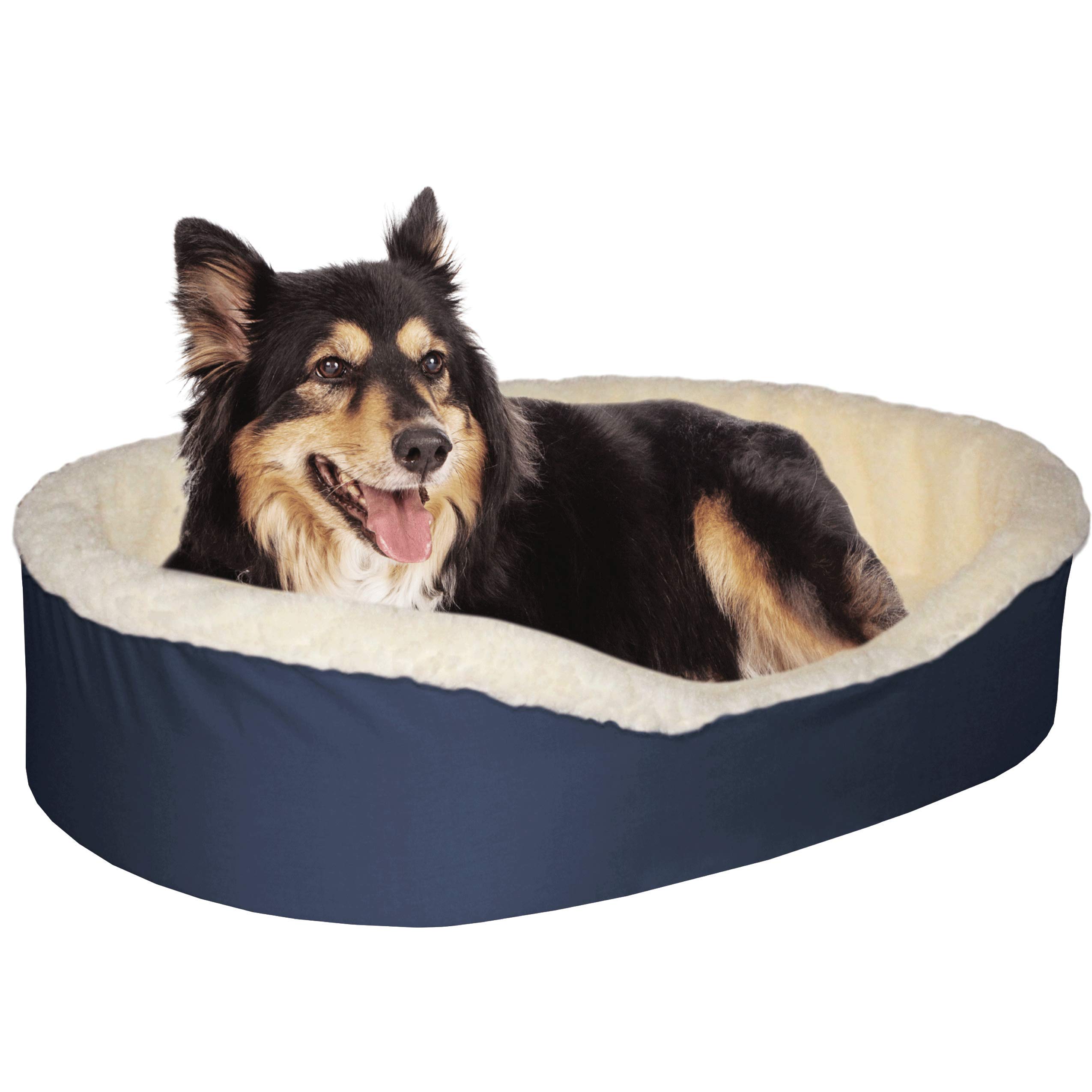 Dog Bed King USA. Large Navy/Imitation Lambswool. USA Made. Outside Dim. 33x23x7. Inside Dim. 30x20x7. Removable Machine Washable Cover.