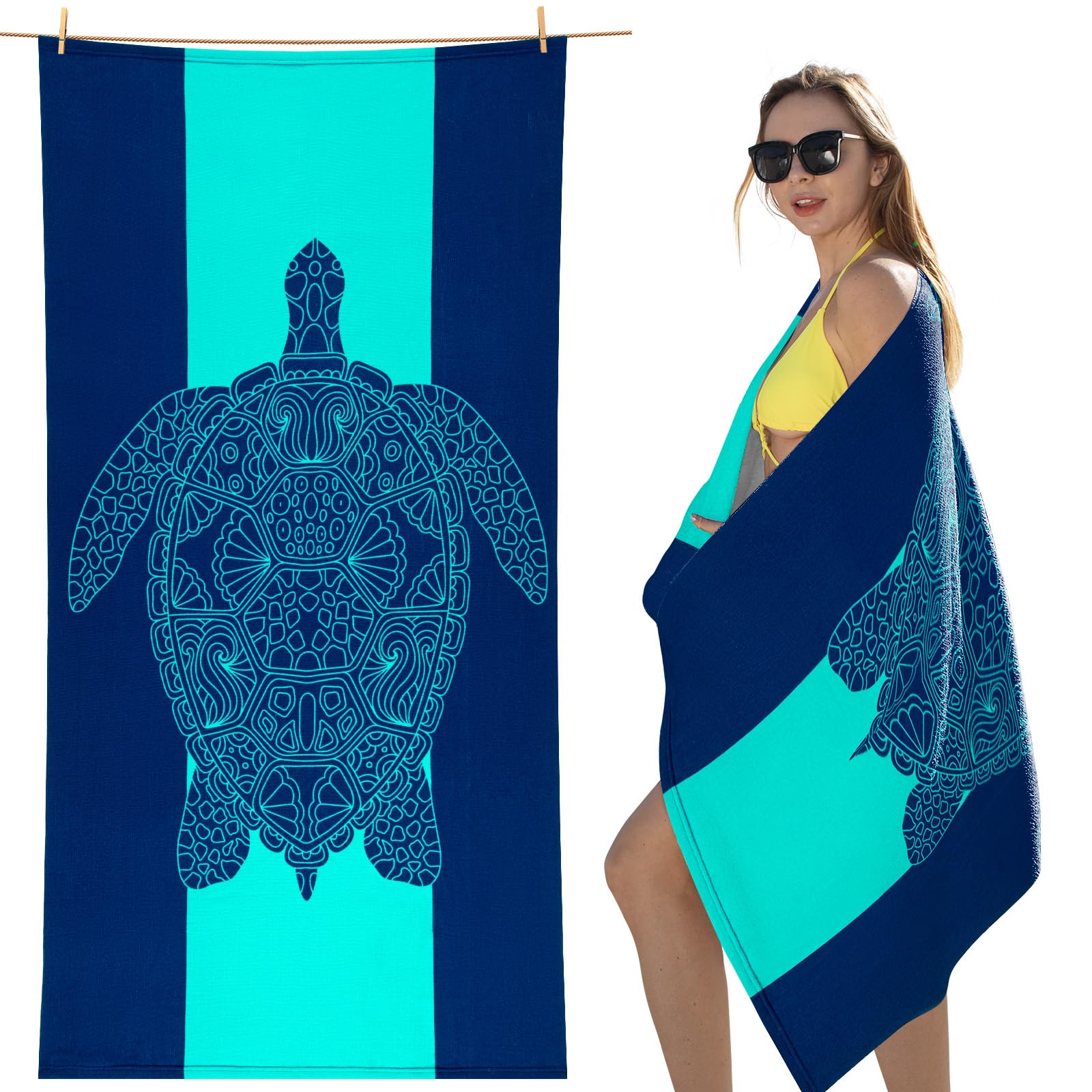 cabanana Sand Free Beach Towel - Large Oversized Beach Towel Sandproof 70x35 Big Microfiber Quick Dry Pool Towel, Thin Lightweight Compact for Travel Swimming Bath for Adults Women Men (Turtle)