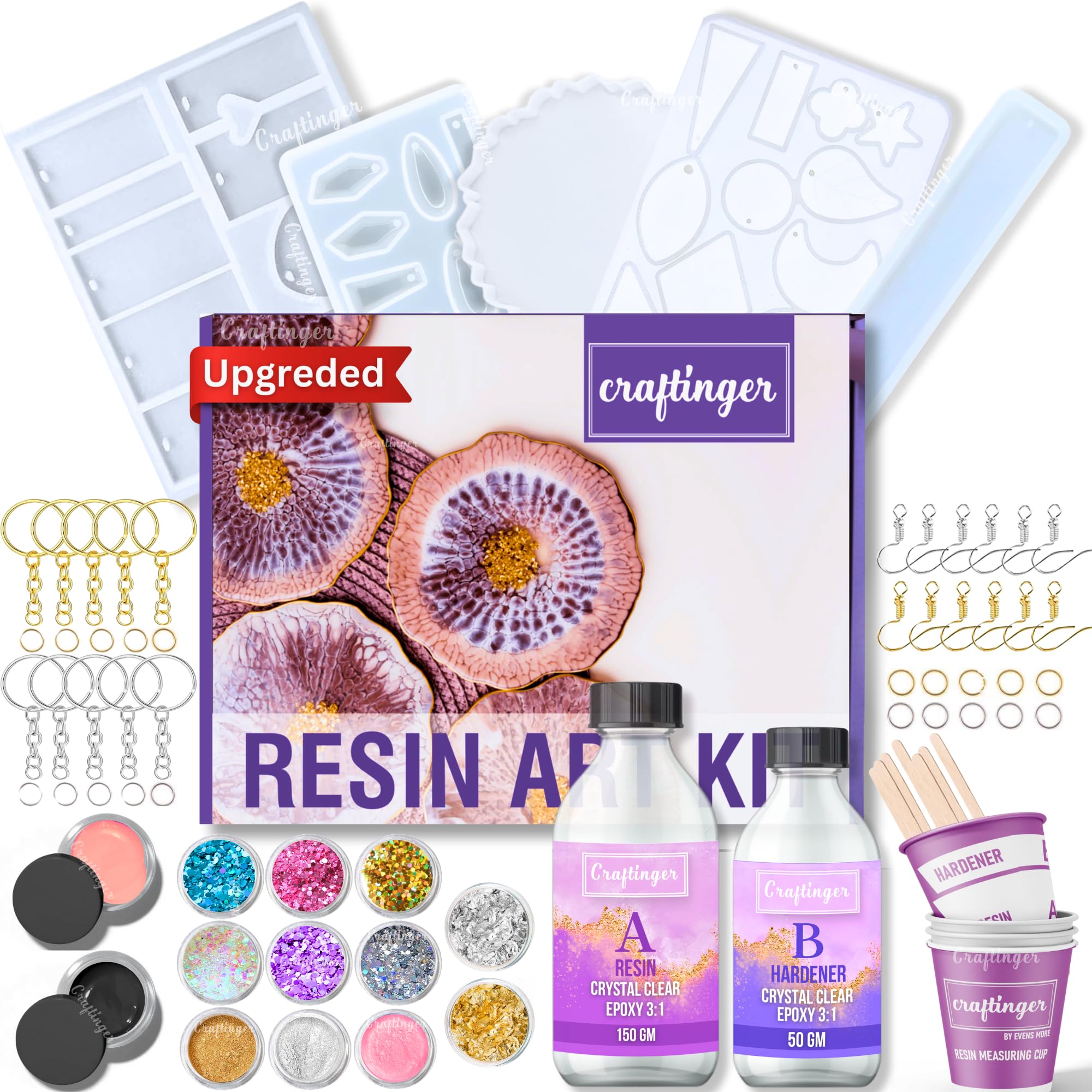 Craftinger Upgraded All in one Kit with 200Gm Resin & 5 Moulds for Keychain Pendant Earring Bookmark Making Kit, multicolor