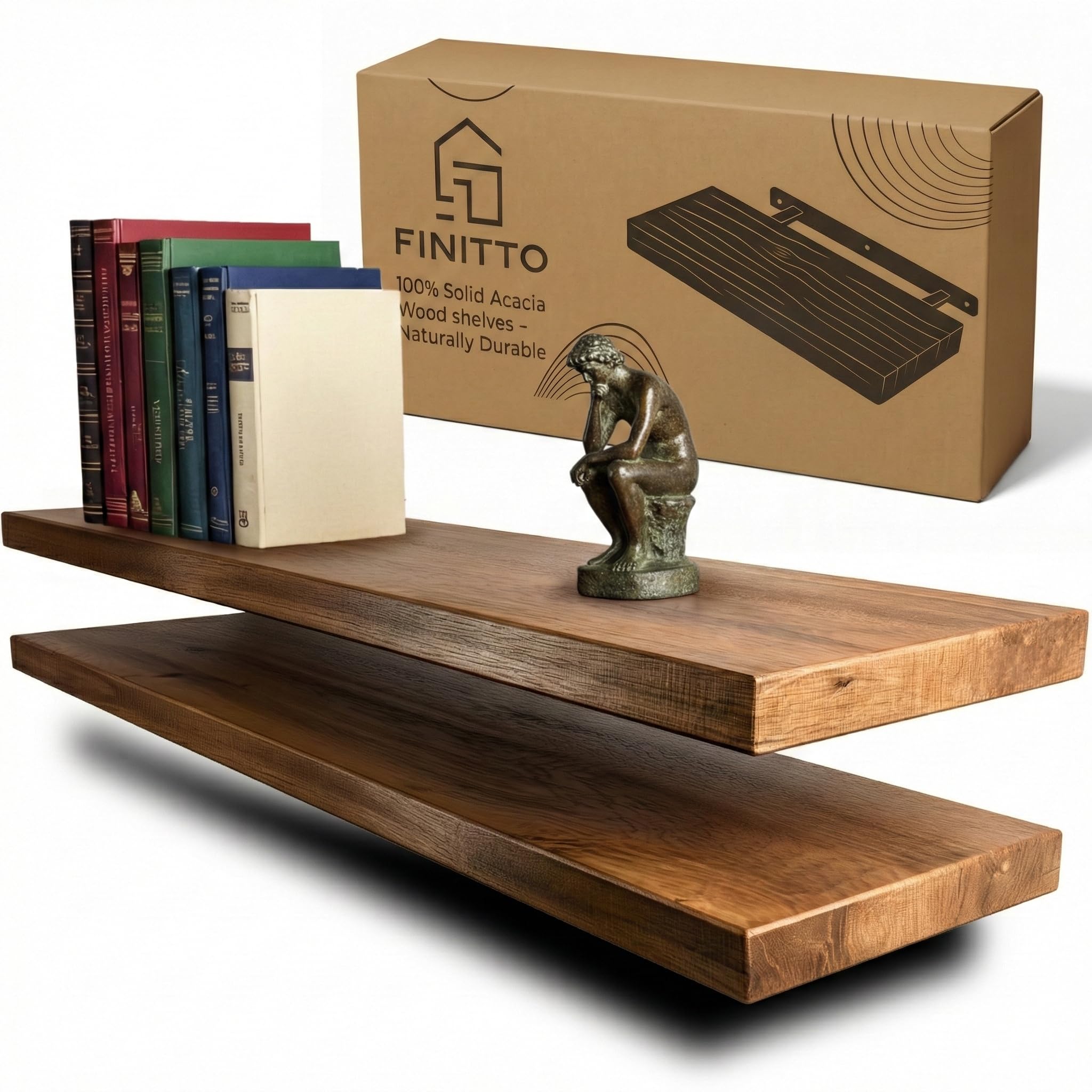 FILO | Schweberegal Akazie Massivholz | 2er Set Wandregal Holz & Wandboard | Premium Bücherregal für Wohnzimmer Deko & Wand Deko (Echtholz)