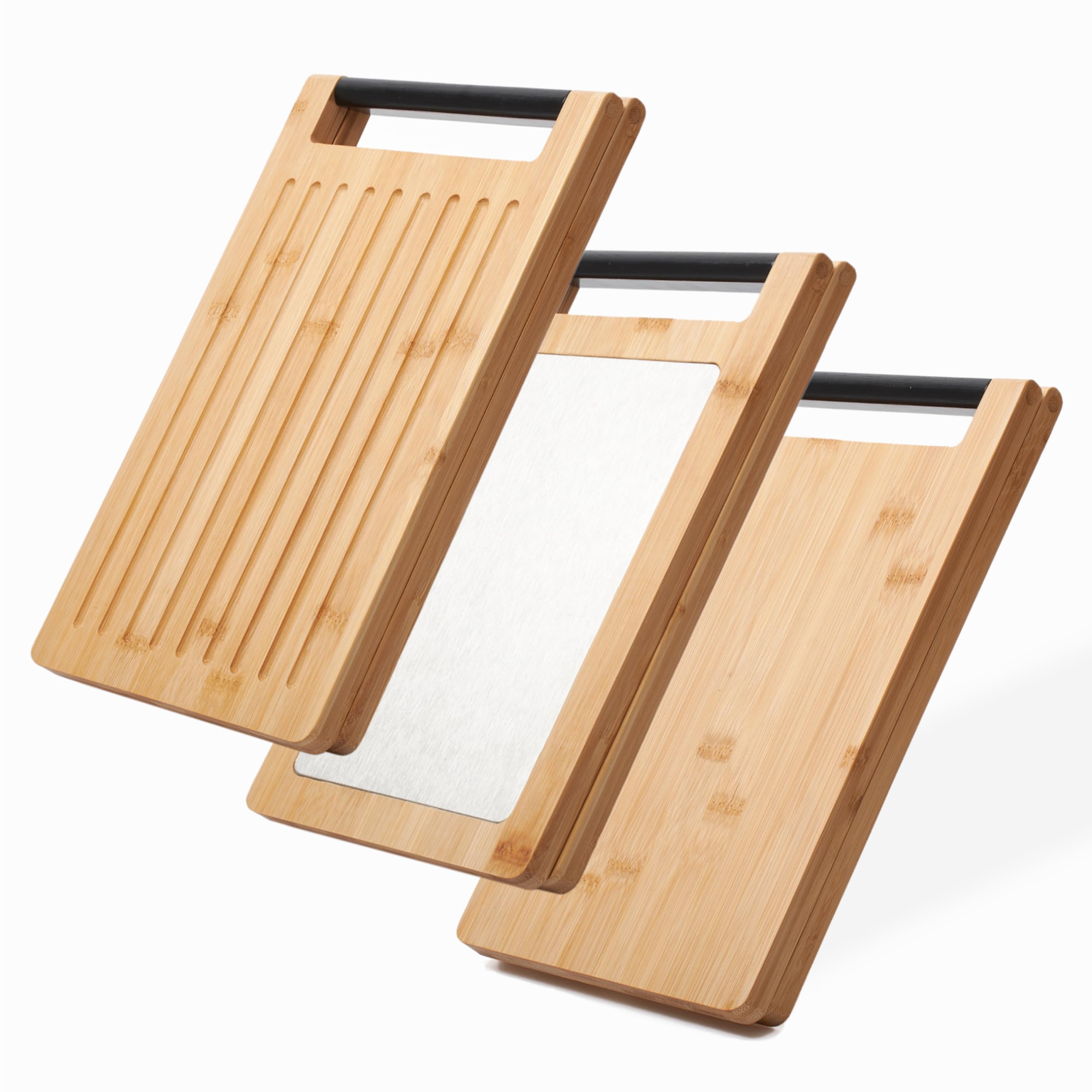 Libken Multifunctional Bamboo Cutting Board – Minimal Scandinavian Design, 5-in-1 Foldable Kitchen Chopping Board with Stainless Steel Inlet & Grooves for Bread, Vegetables, Meat, and Fish