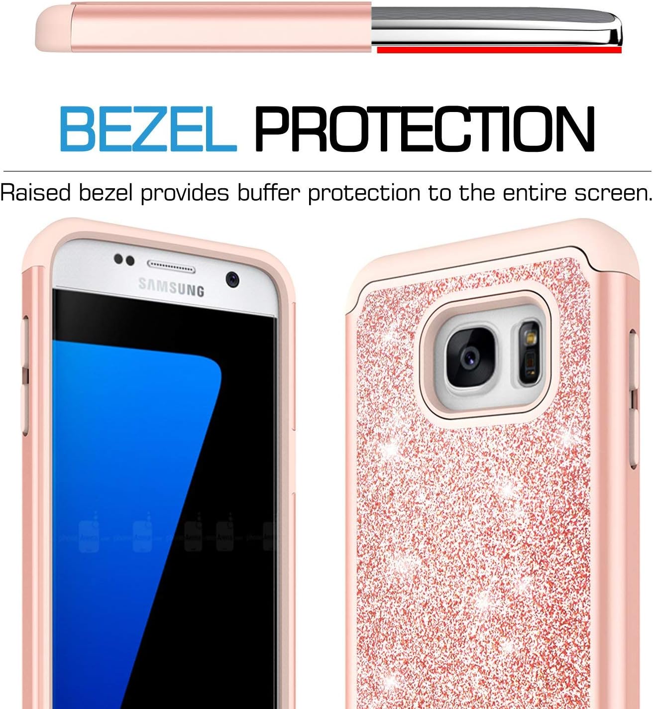 LeYi Compatible with Galaxy S7 Case with Glass Screen Protector [2 Pack], Glitter Bling Girls Women [PC Silicone Leather] Dual Layer Heavy Duty Phone Case for Samsung Galaxy S7 (2016) TP Rose Gold