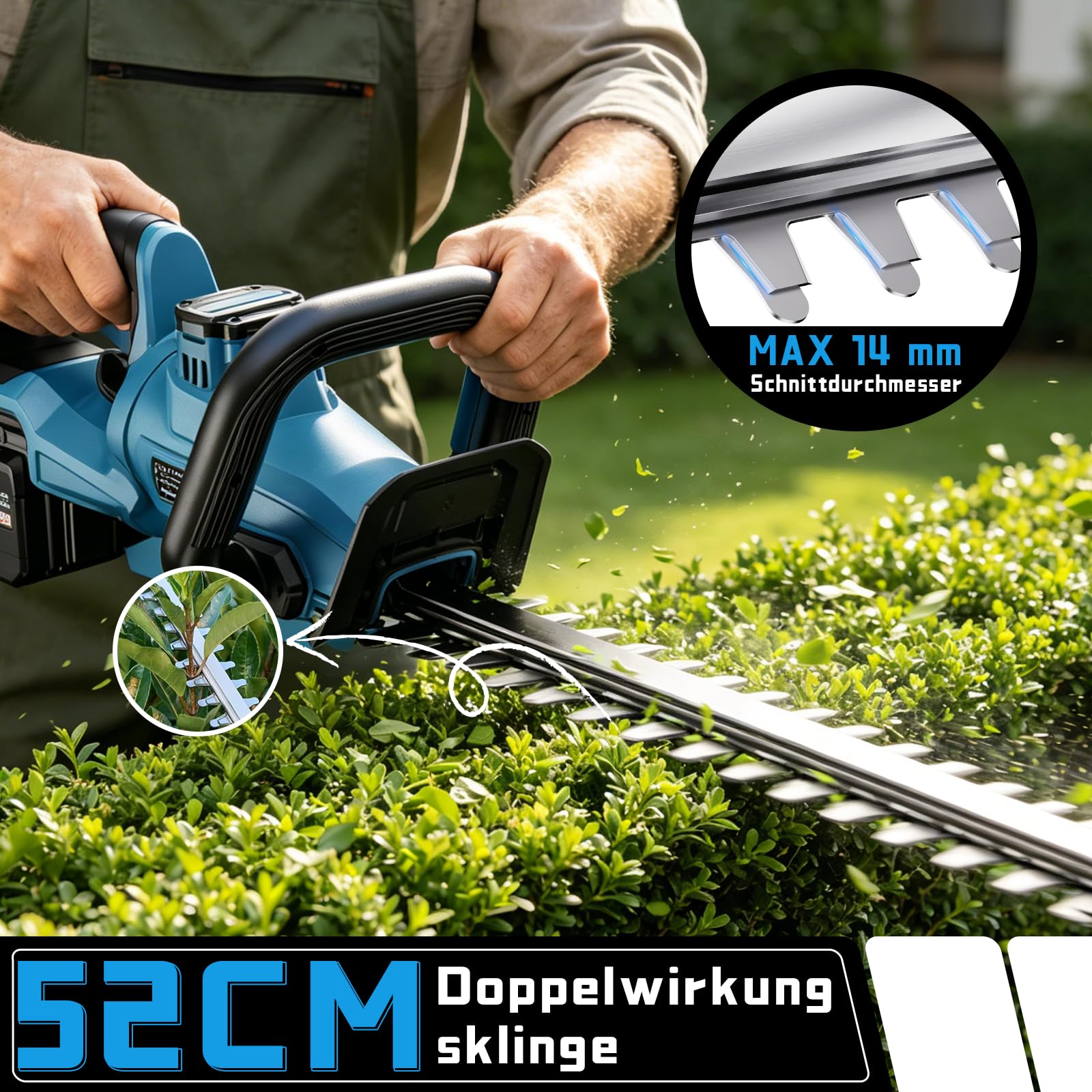 Akku Heckenschere Bürstenlos,Elektrische Heckenschere mit 2X 4,0Ah Akku und Ladegerät,1200W Bürstenloser Motor 52cm Schnittlänge 180° Einstellbarer Messerkopf, 14mm Schnittbreite für Gartenpflege
