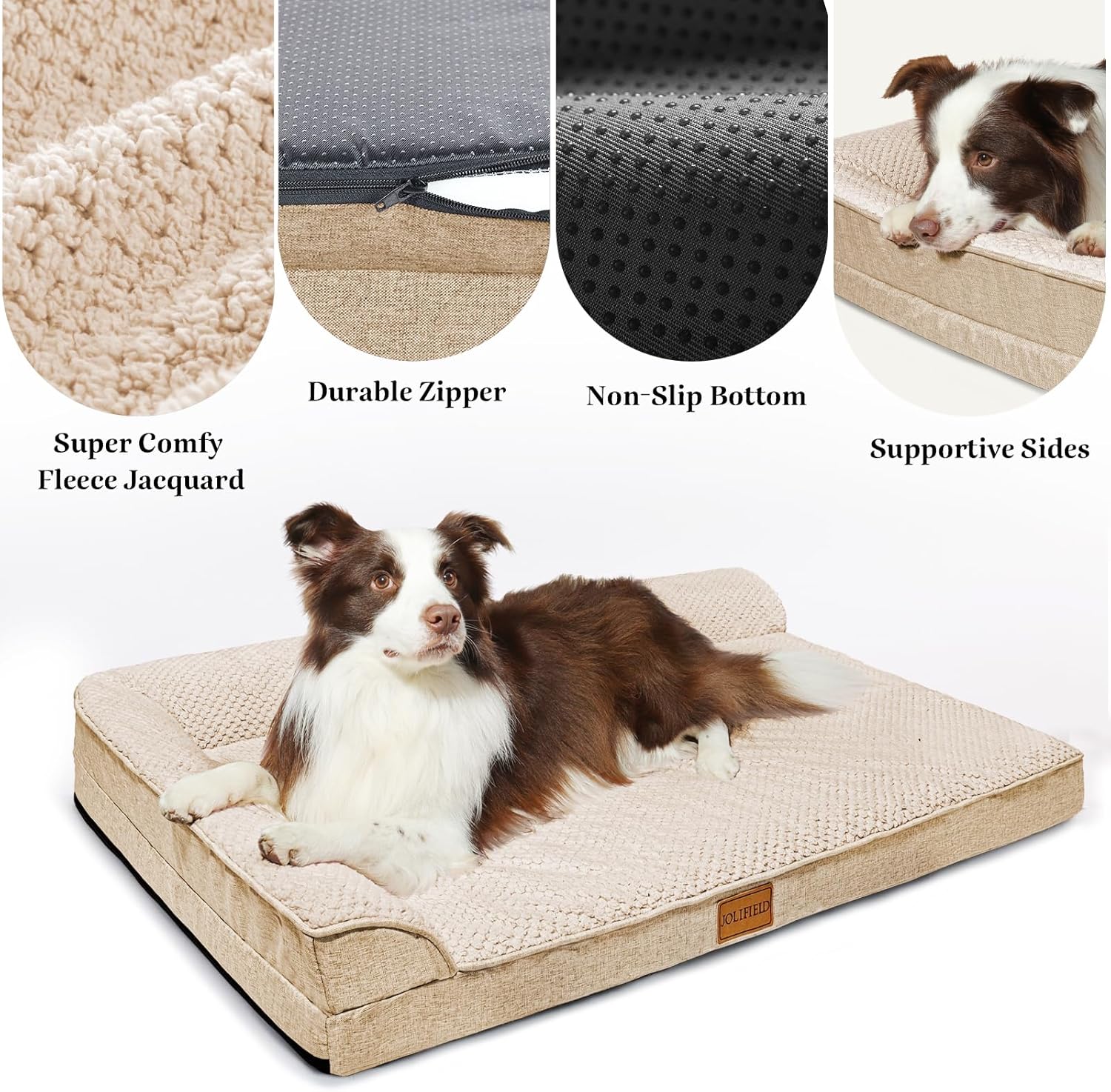 Orthopedic XL Dog Bed Large Sized Dog 48''X30'', Waterproof L Bolster Extra Large Egg Crate Foam Pet Crate Beds with Washable Removable Cover, Non-Slip Soft Pet Couch Mat, Ivory