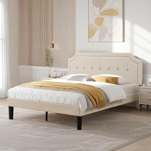 Miniatura 144 de VECELO Base de cama de plataforma de tamaño matrimonial con cabecera tapizada de tela y soporte de listones de madera, no necesita somier, fácil