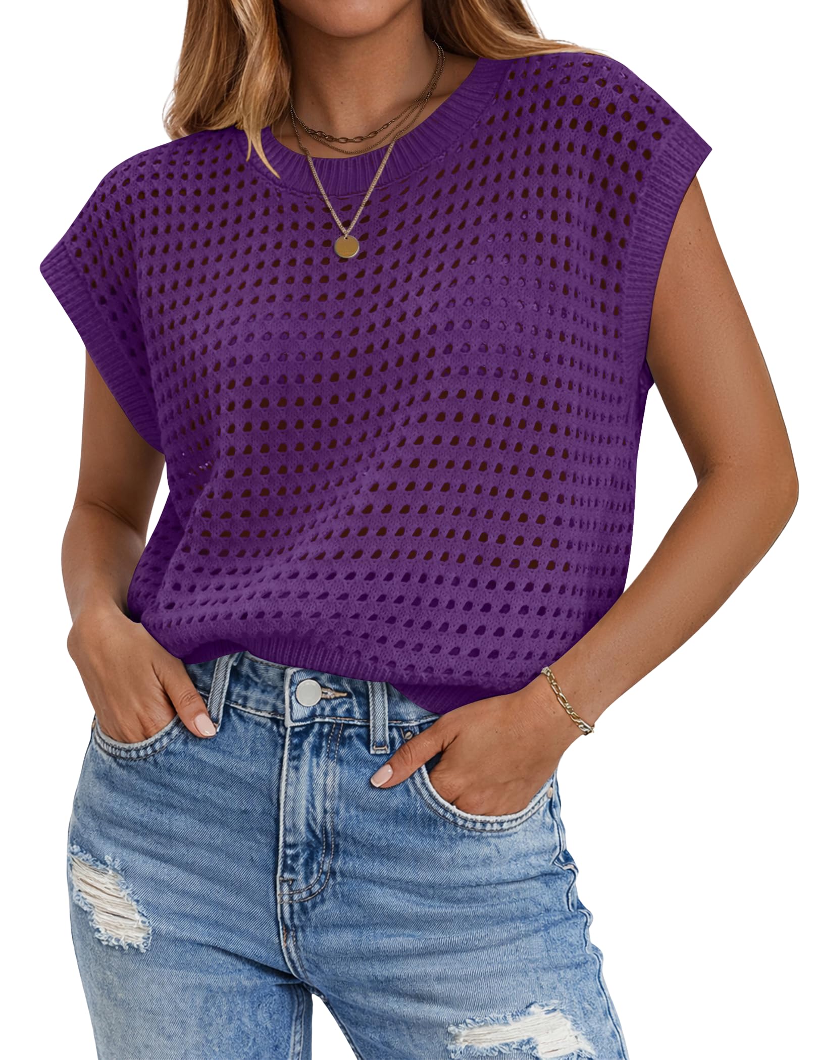Zeagoo Womens Spring Summer Crochet Tops Cap Sleeve Sweater Vest Hollow Out Pullover Shirts Beach Vacation Clothes