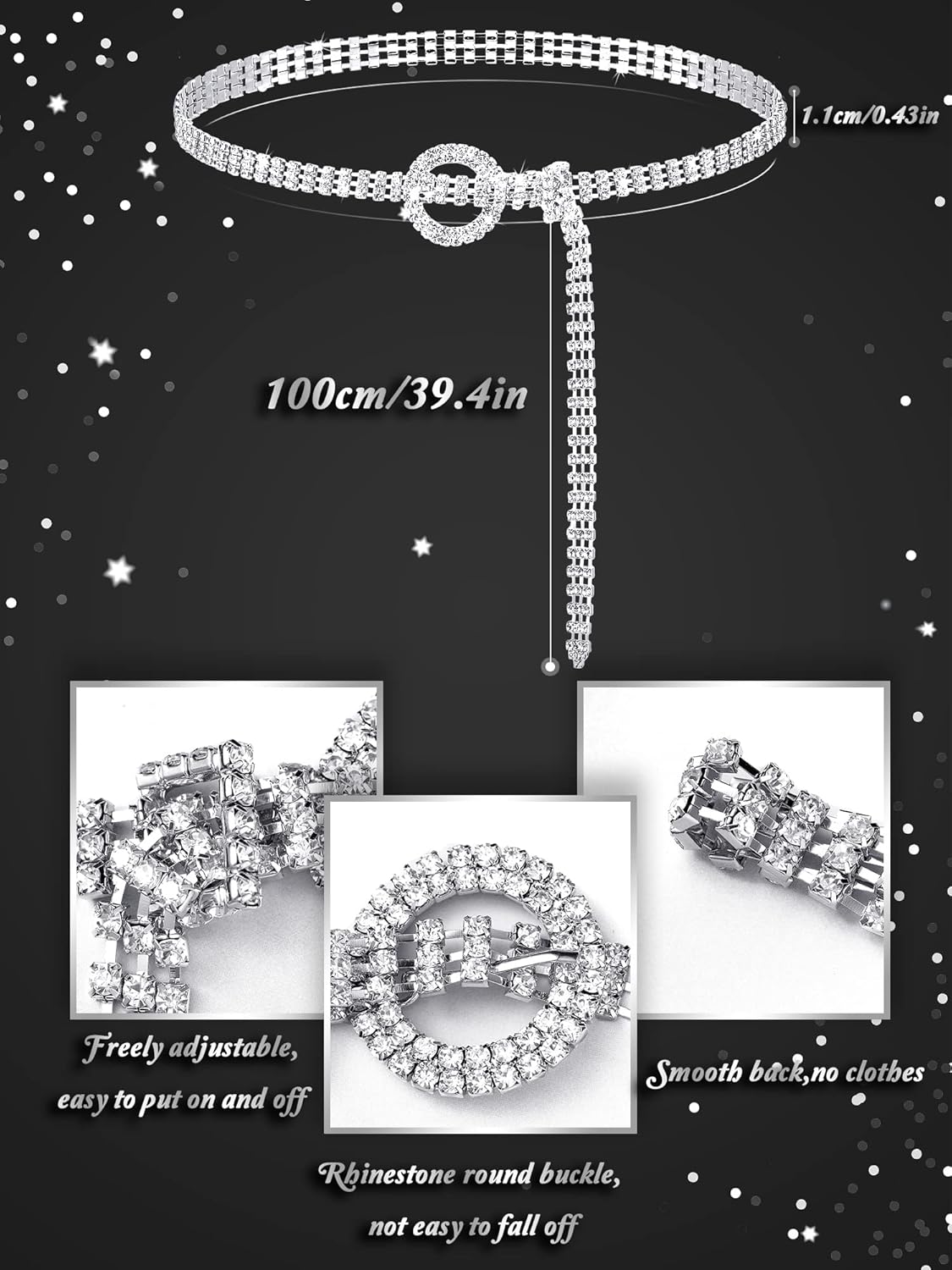 Pangda 2 Pcs Women Stretchy Rhinestone Dress Glitter Belts O Ring Buckle Bling Diamond Belts for Women Shiny Party - Image 5