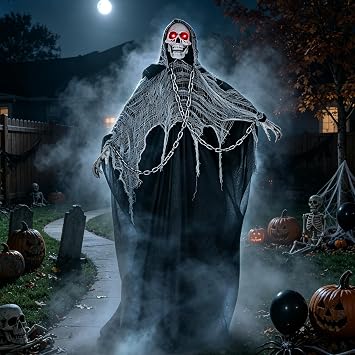 74 Halloween Decorations Outdoor Animatronics Grim Reaper with Chain | Life Size Sound Activated Props Scary Ghost with Adjustable Arms Light Up Eyes for Haunted House Decorations Yard Lawn Decor