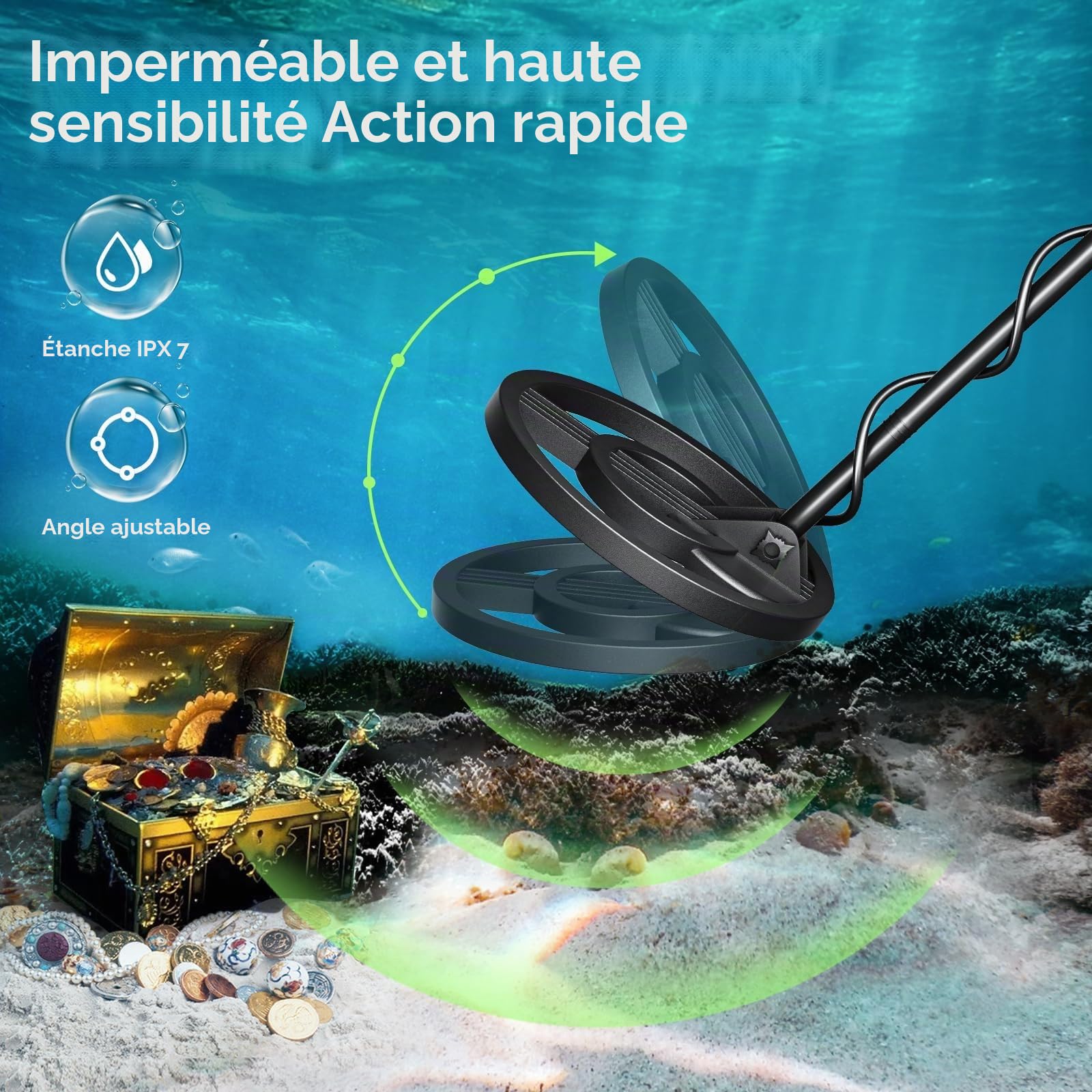 Détecteur de métaux, kit Professionnel Rechargeable pour Adultes et Enfants, Haute précision, étanche, réglable en Hauteur, détecteur d'or 78-108 cm avec Bobine de Recherche de 25 cm (Jaune)