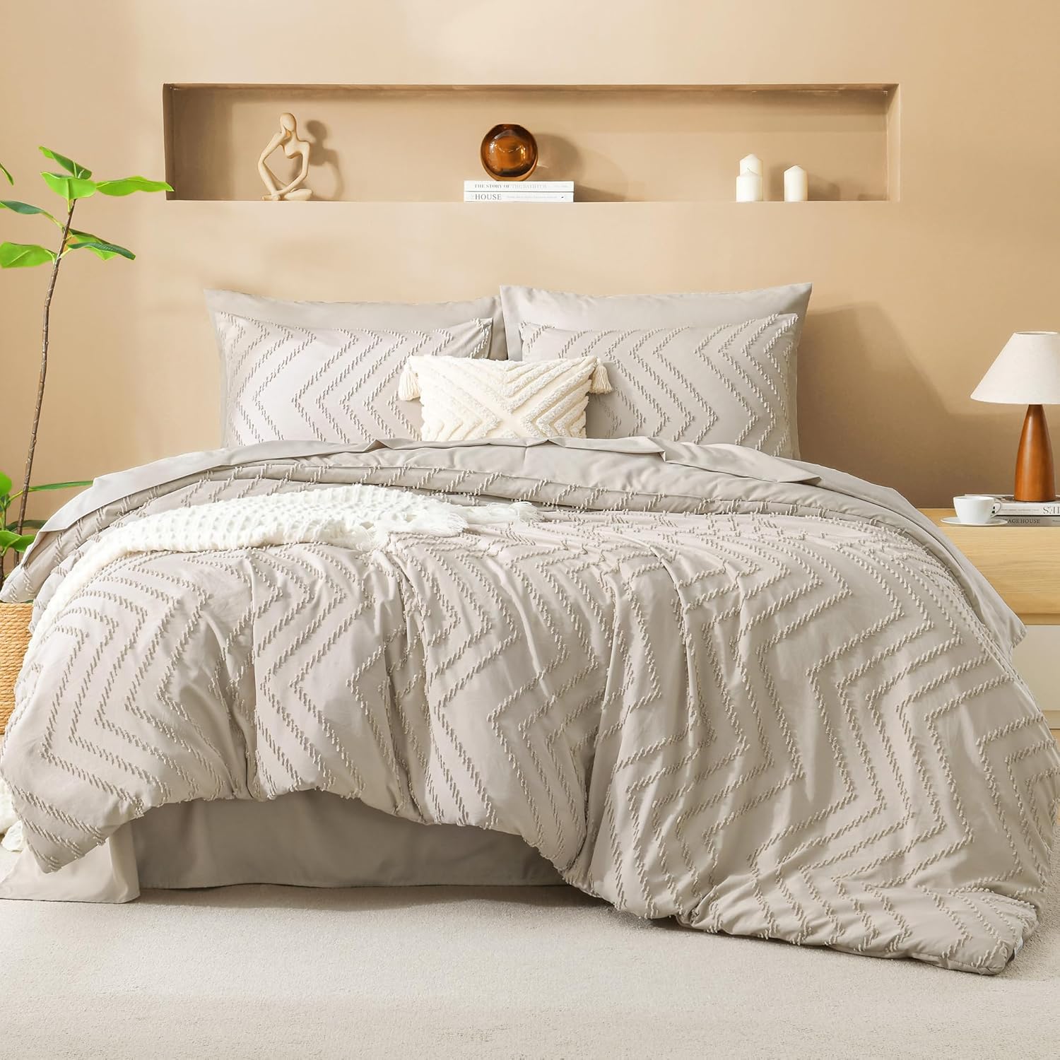 Litanika Oversized King Size Comforter Set with Sheets Oatmeal - 7 Pieces Bed in a Bag Oversized King Boho Tufted Complete Bedding Sets with Comforter, Sheets, Pillowcases & Shams Oversized King (120"x98") Oatmeal