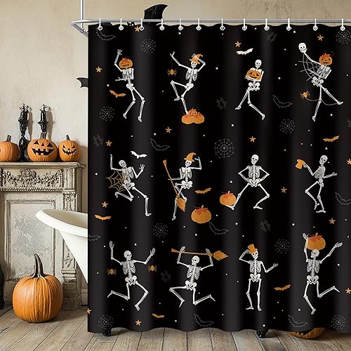 Divertida cortina de ducha con diseño de esqueleto de Halloween, diseño de calabaza negra, decoración de cortina de bañera
