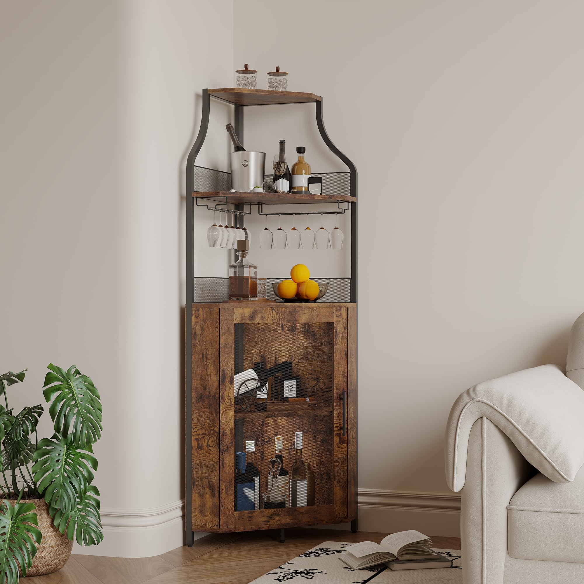 GarveeHome - Mueble esquinero para barra de vino con iluminación LED, 5 pisos ajustables y soporte para vasos integrados, ahorro de espacio de 35 cm para espacios reducidos (estilo loft retro