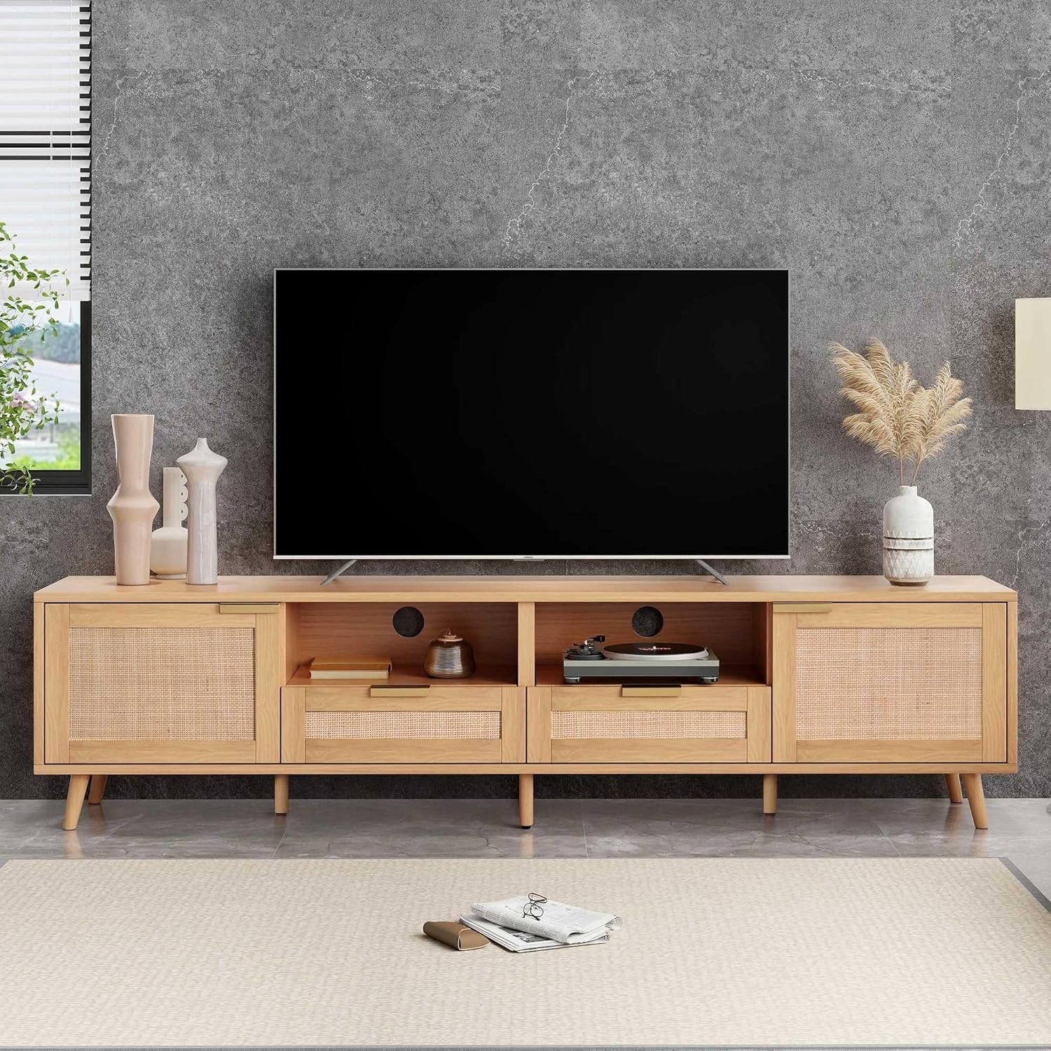 WasaFire Rattan TV Stand for TVs up to 85'' Modern Farmhouse Media Console Entertainment Center with Solid Wood Legs TV Cabinet for Living Room Home Theatre