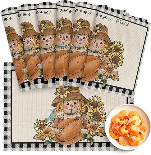 Juego de 6 manteles individuales de espantapájaros de girasol, manteles individuales de PVC lavables, manteles individuales de vinilo tejido a