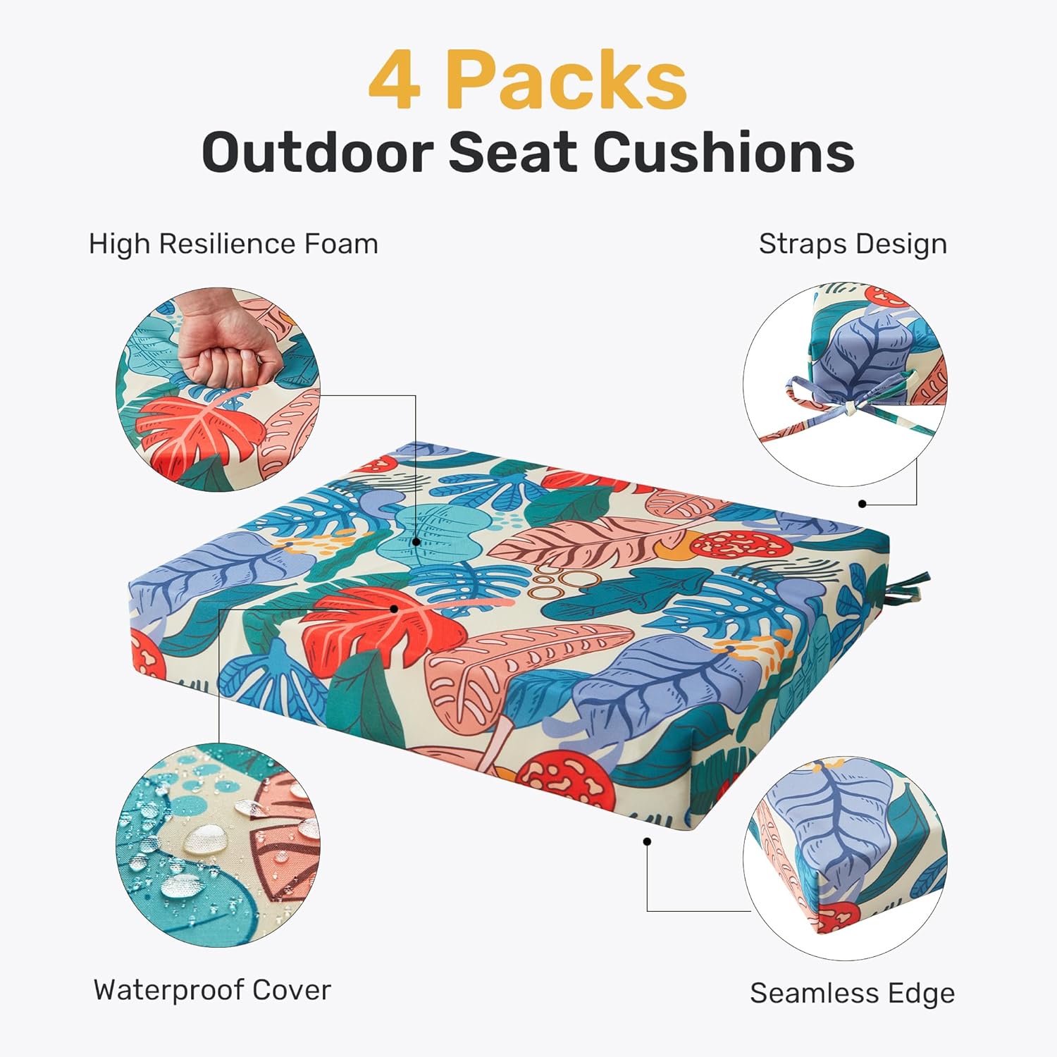 unikome outdoor chair cushions pack of 4, water resistant patio cushions with ties, high density sponge filling square corner seat cushions for outdoor furniture, 18.5"*16"*3", palm tropical 14 palm tropical 18.5x16x3 inch