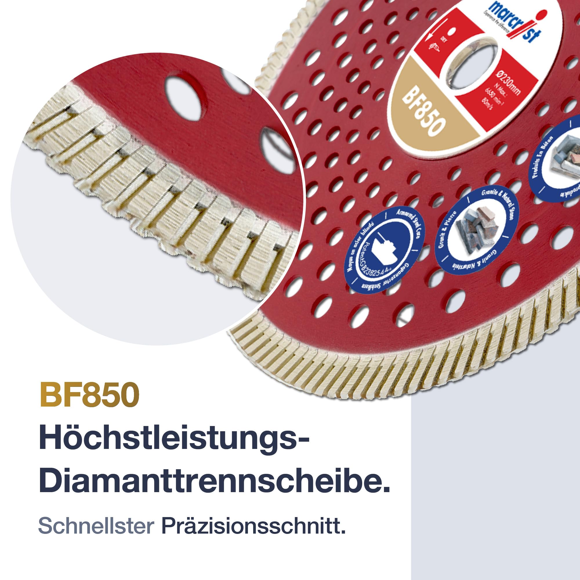Marcrist BF850 Diamanttrennscheibe 230 mm - Turbo Diamantscheibe 230mm für Winkelschleifer & Trennjäger, nass & trocken für Beton, Stahlbeton, Granit, Naturstein, Sandstein, Pflaster & Mauerwerk