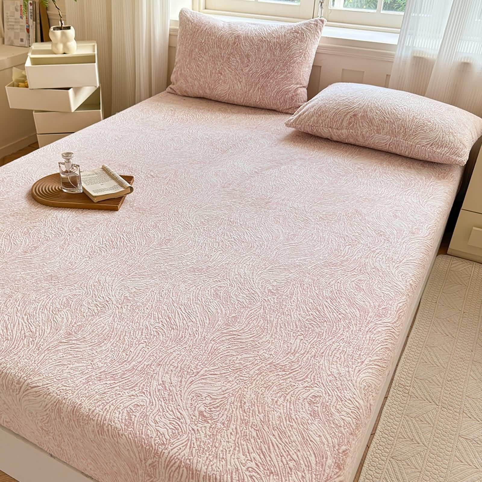 Sábana bajera ajustable para camas con somier, 200 x 220 cm, terciopelo, color rosa, jacquard, cálido, altura del colchón hasta 5-25 cm, sin funda de almohada