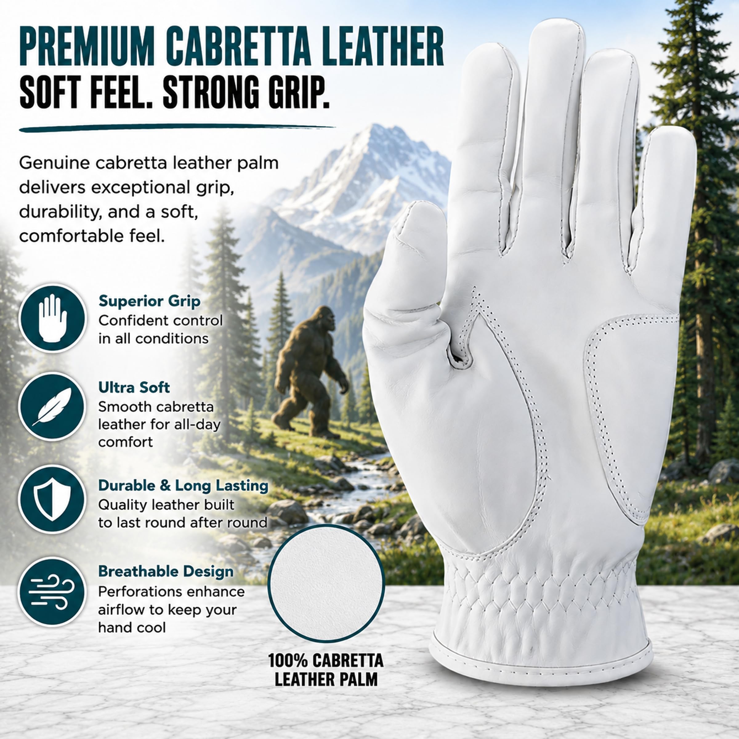 Guante de golf divertido Yeti para hombre, Bigfoot Sasquatch, piel cabretta, regalo duradero, color blanco, agarre para clima adulto, mano izquierda, derecha, tallas S, M, L, XL, XXL