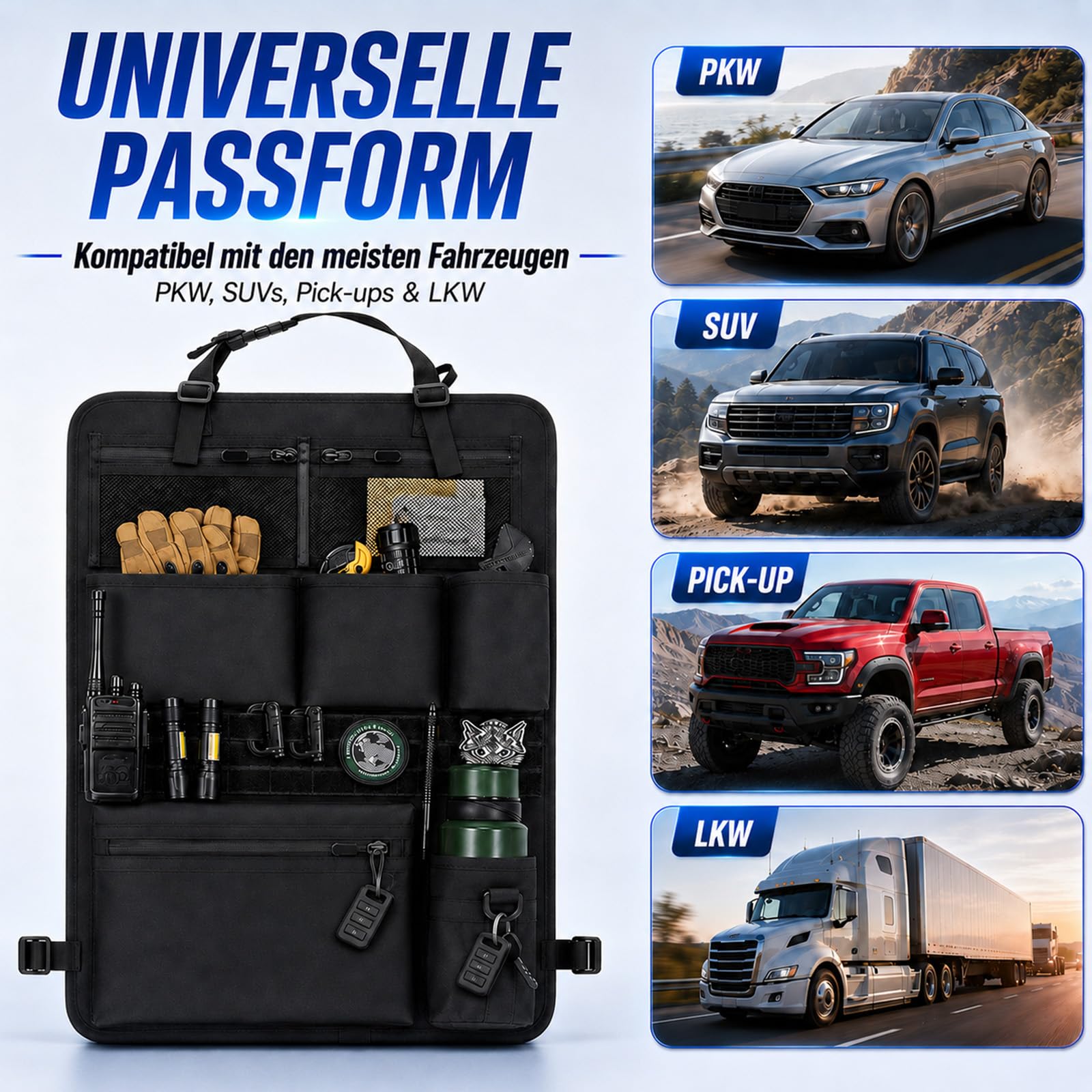 Rücksitz Organizer, Taktischer Autositz Organizer 7 Taschen Autositz Tasche mit 2 Netztaschen, 3 Taschen, 1 Reißverschlusstasche, 1 Becherhalter & MOLLE-System Sitztaschen für Autositz, 42x61cm