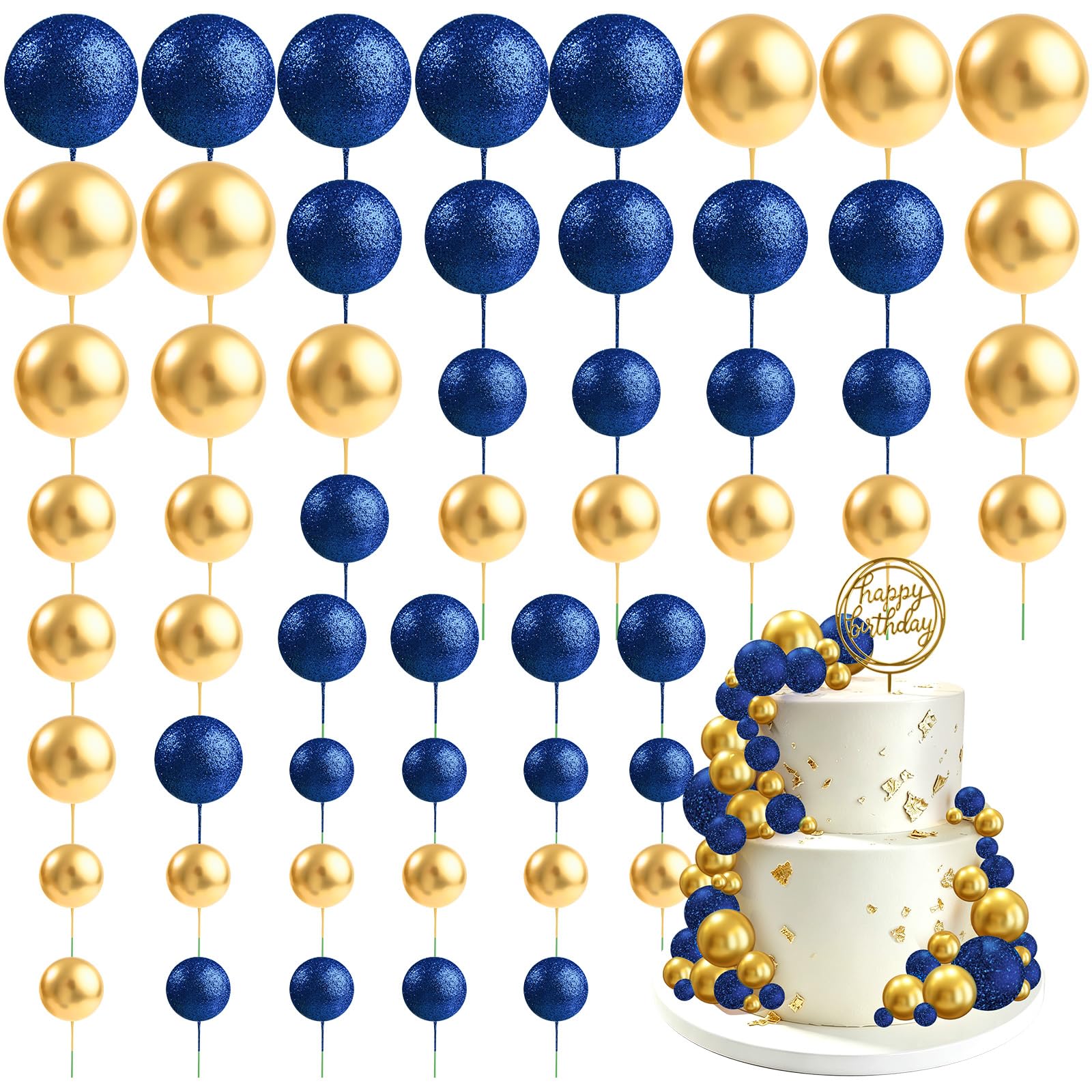 CHRORINE 55 Pcs Balls Cake Topper Decorations Mini Balloon Cupcake Toppers Foam Balls for Cake Decorating Birthday Parties Weddings Anniversary Baby Shower (Glitter Blue Gold)