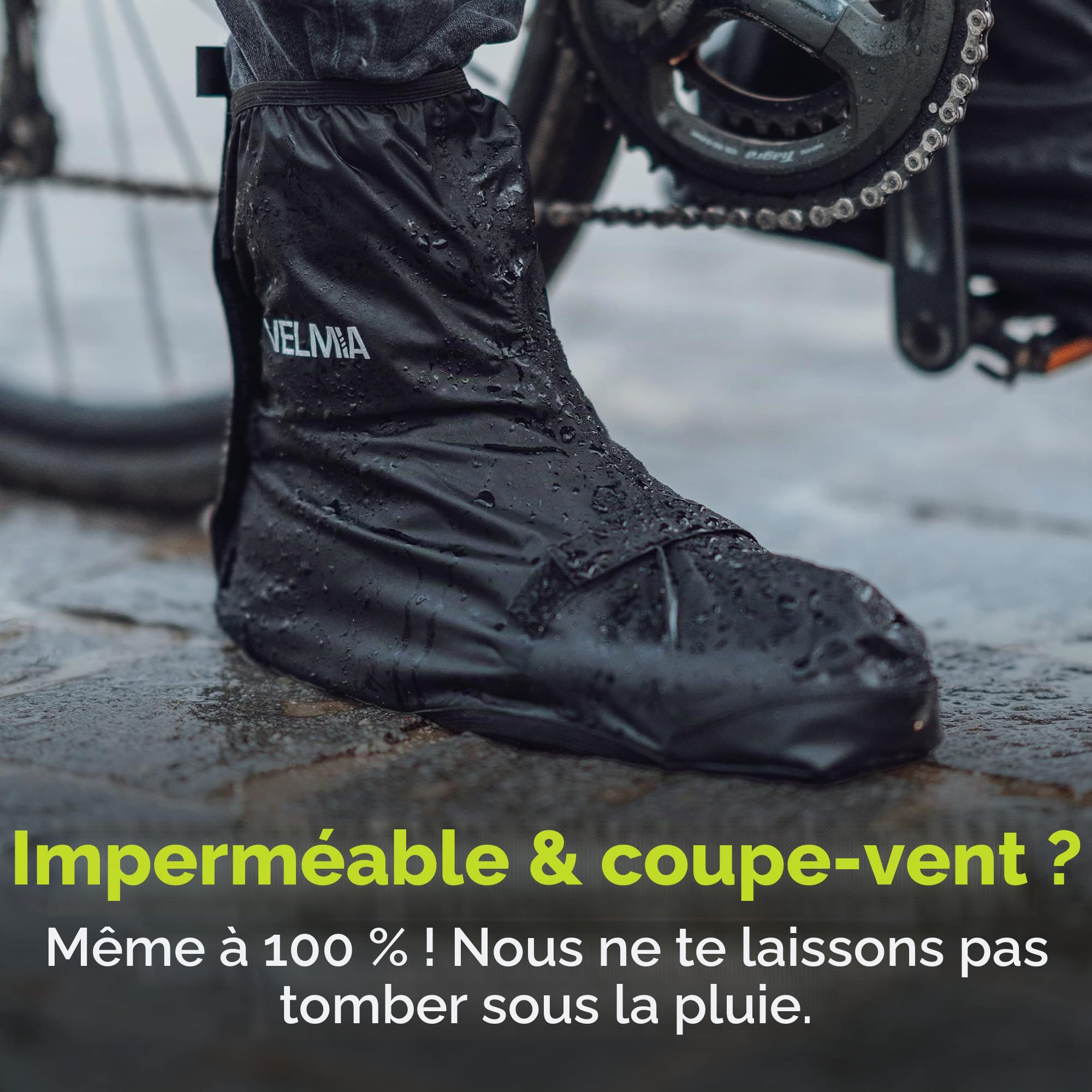 VELMIA Protection contre la pluie pour chaussures de vélo avec matériau réfléchissant et pointe renforcée | Couvre-chaussures imperméables noir pour vélo