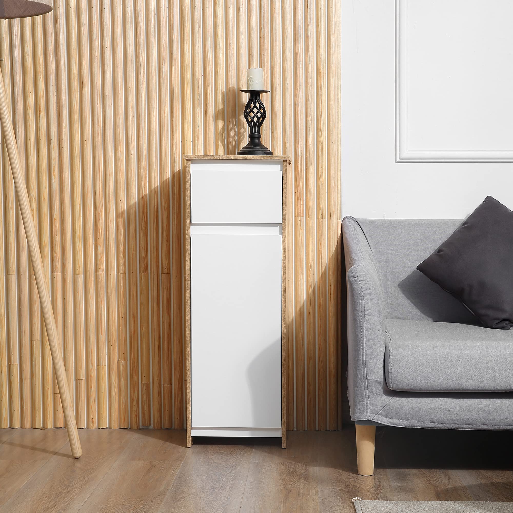 kleankin Armario Auxiliar de Baño con 1 Cajón y 1 Puerta Mueble Auxiliar de Baño para Salón Aseo Dormitorio Estilo Moderno Antivuelco 32,6x30x90 cm Blanco y Natural