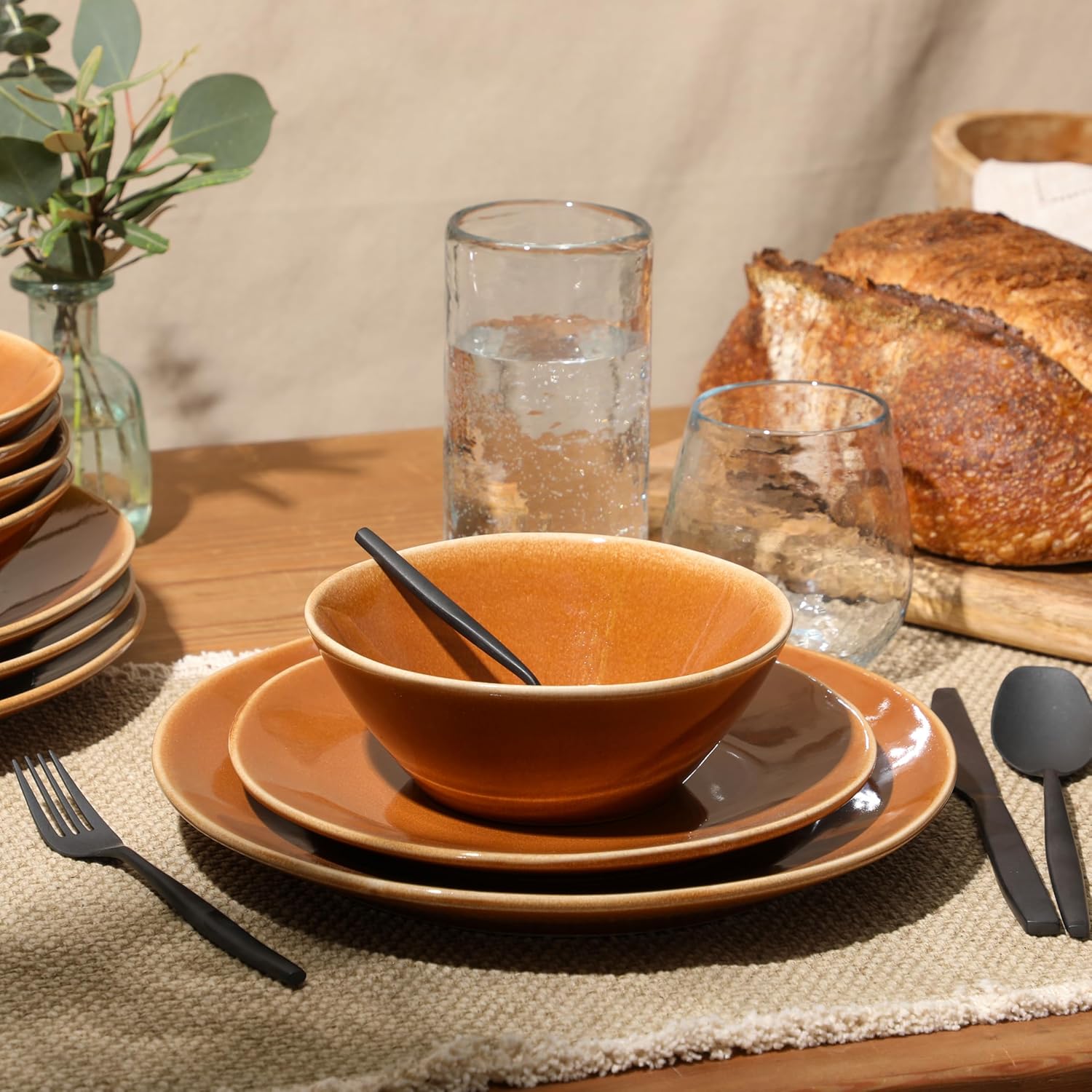 Bloomhouse - Two Time Oprah's Favorite Things Winner - Montecito Breeze 16 Piece (Service for 4) Double Plates and Bowls Stoneware Reactive Glaze Dinnerware Set - Terracotta Canyon - Image 2