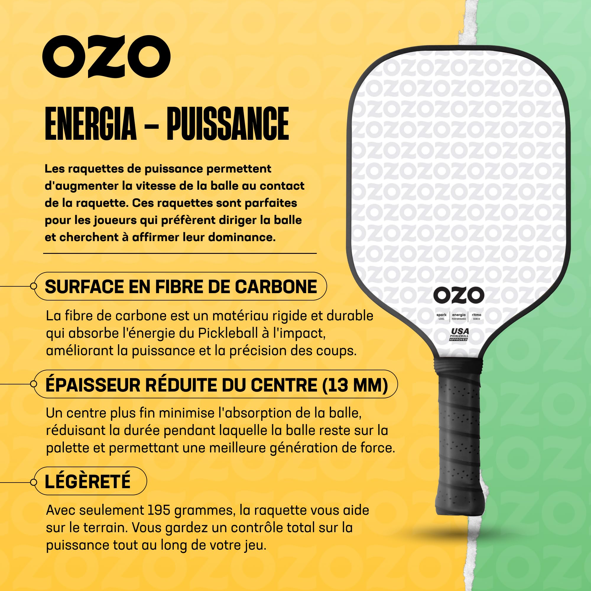 OZO Pickleball - Spark Energia Ritmo - USAPA Approved Beginner Power Paddle - Carbon Fiber Face