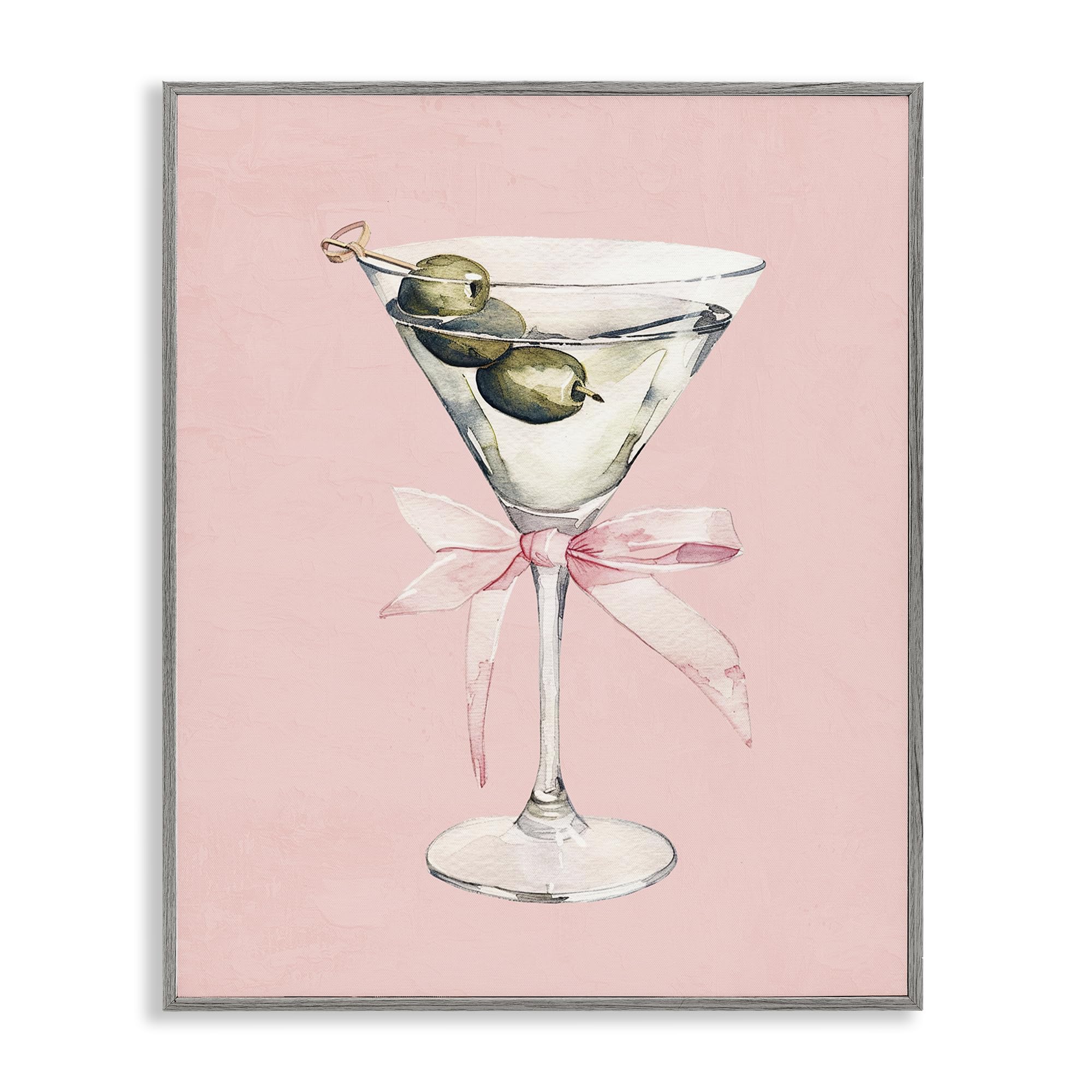 Stupell Industries Farmhouse Gray (Textured) 'Martini With Pink Bow'| Framed Giclee Art